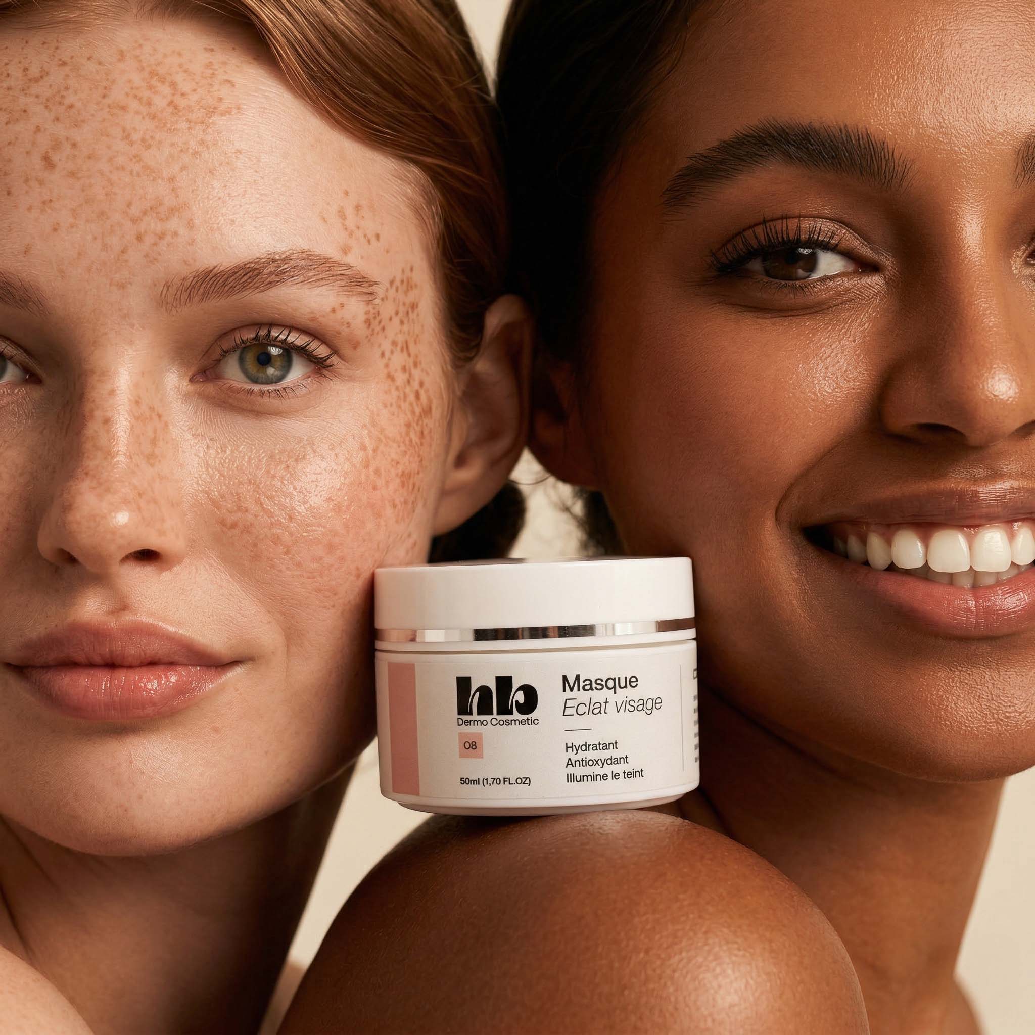 Une mannequin rousse et une mannequin métisse avec un peau qui contient un soin pour le visage