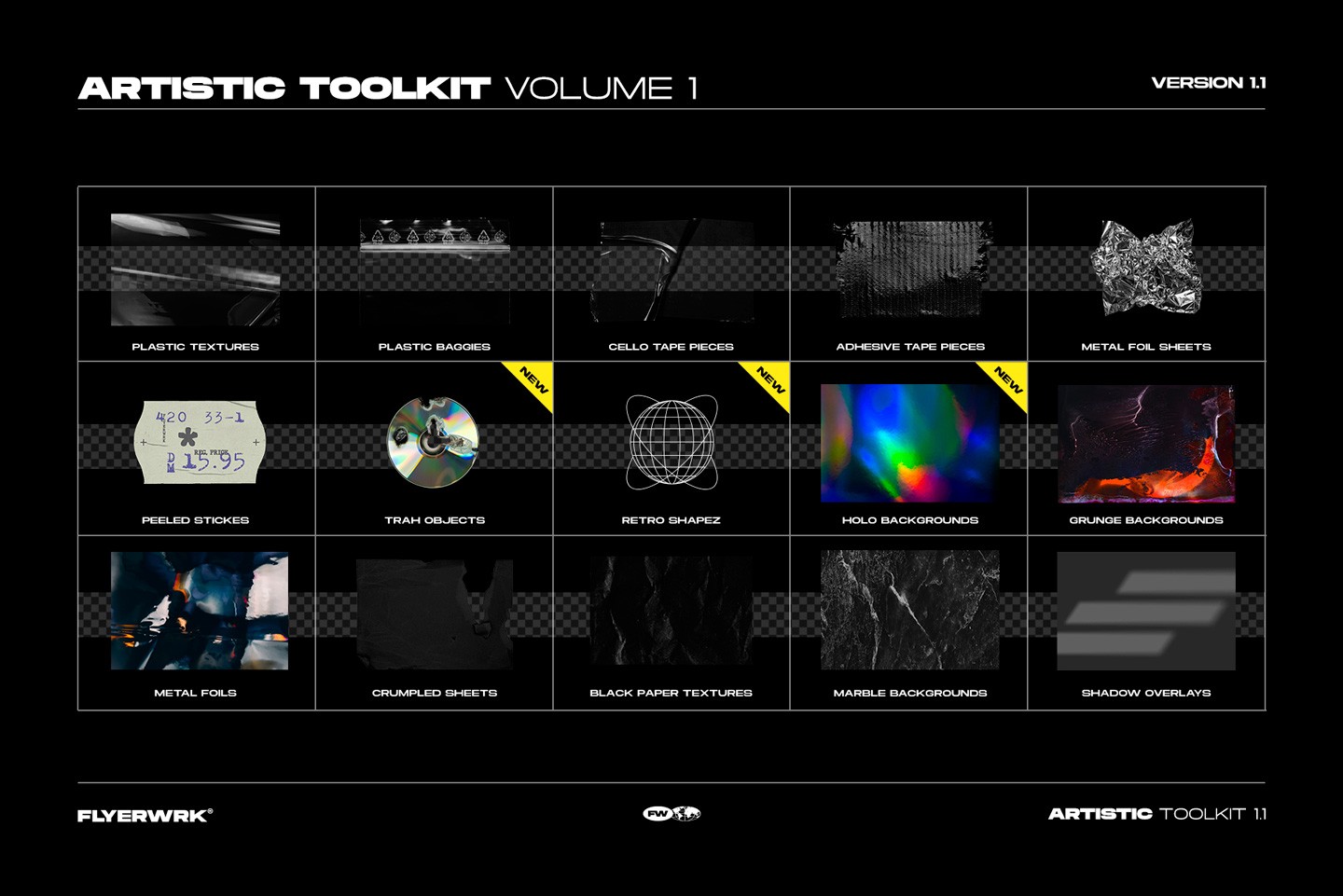 Artistic Toolkit 1 design assets overview showing holographic backgrounds metal foils and various paper textures