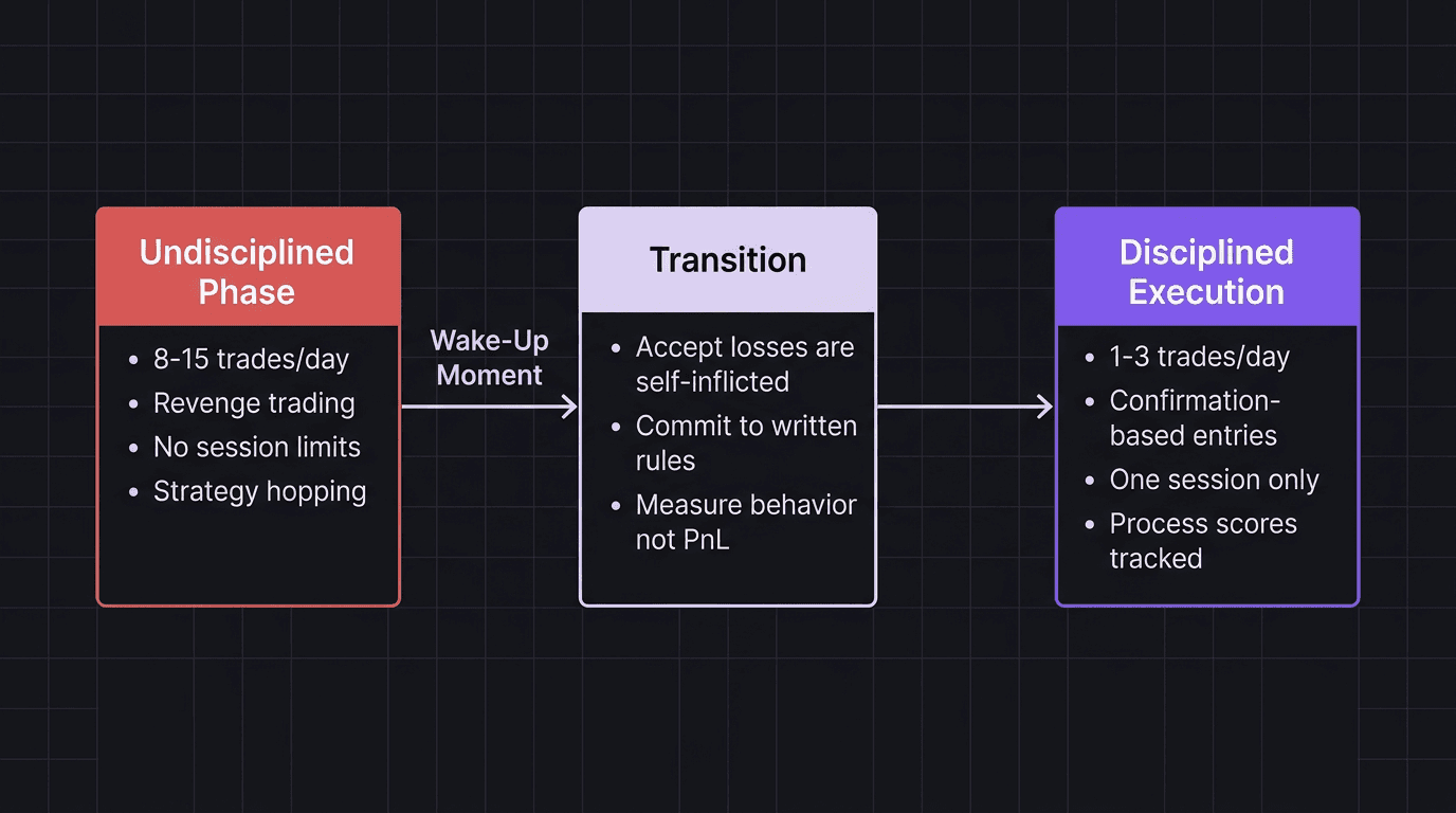 Flowchart showing the trading discipline transformation from undisciplined phase through wake-up moment to disciplined execution