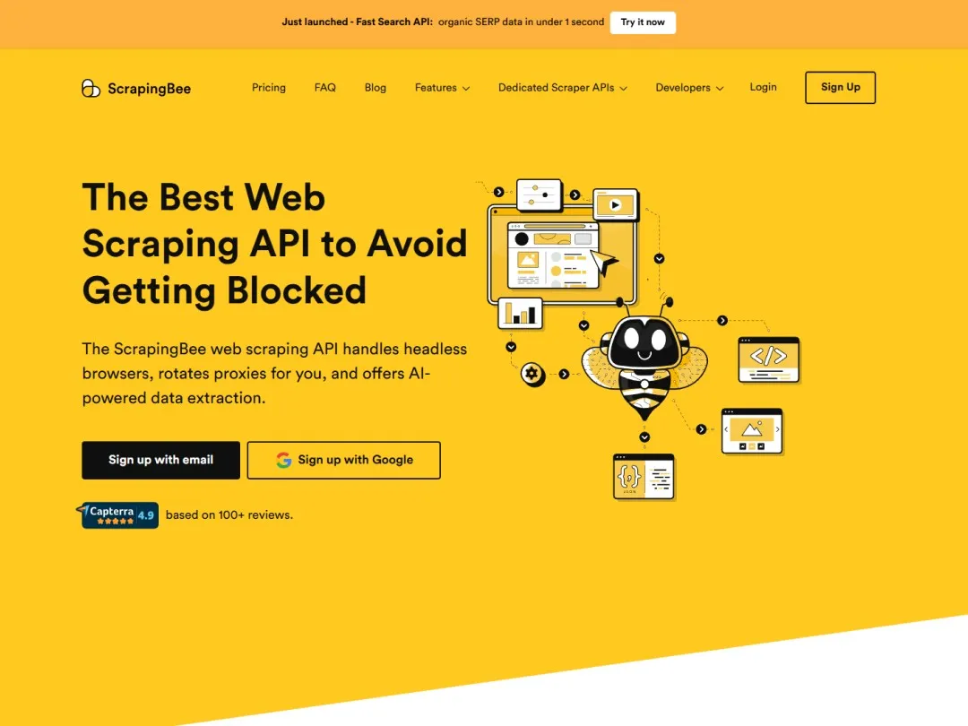 Scrapingbee website hero section with illustrations on the right text and buttons on the left