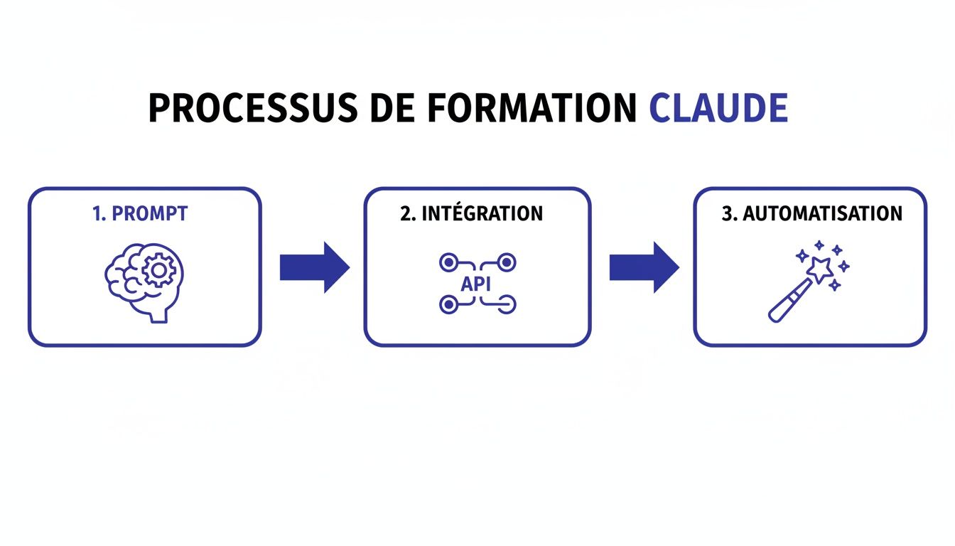 Diagramme montrant le processus de formation Claude en trois étapes : prompt, intégration API et automatisation.