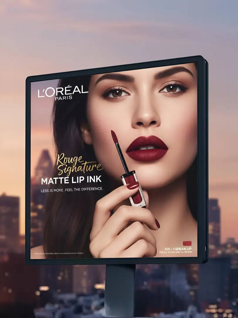 AI-generated L'Oreal Paris luxury beauty brand campaign featuring Rouge Signature Matte Lip Ink advertisement with female model applying burgundy lipstick, urban sunset skyline backdrop by Mahendra