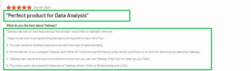 User review highlighting Tableau as a powerful and easy-to-use data analysis tool