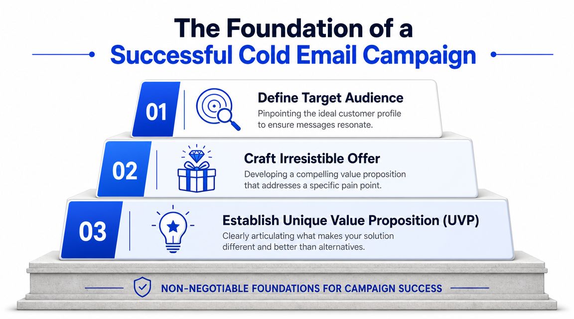 A tiered diagram showing the three essential foundations for a successful cold email campaign strategy.