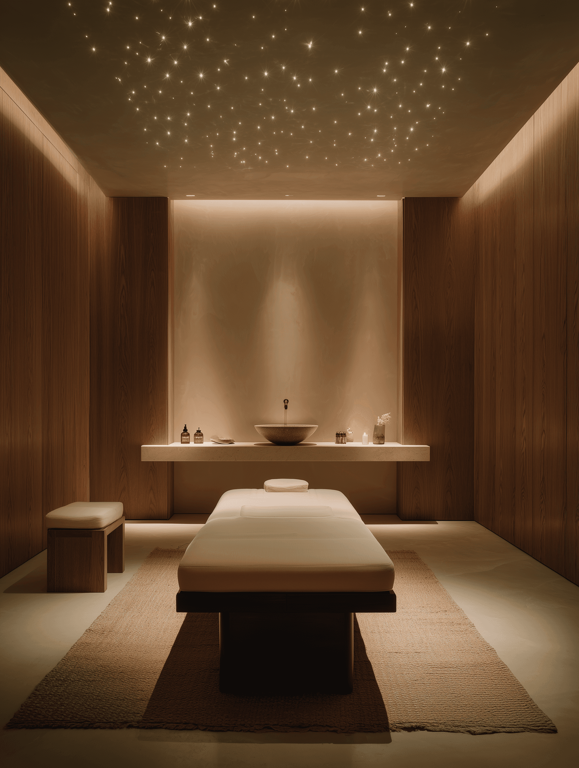 Serene treatment room with warm walnut wood paneling, a single massage table on a woven rug, floating stone shelf with apothecary bottles, and a fiber optic star ceiling