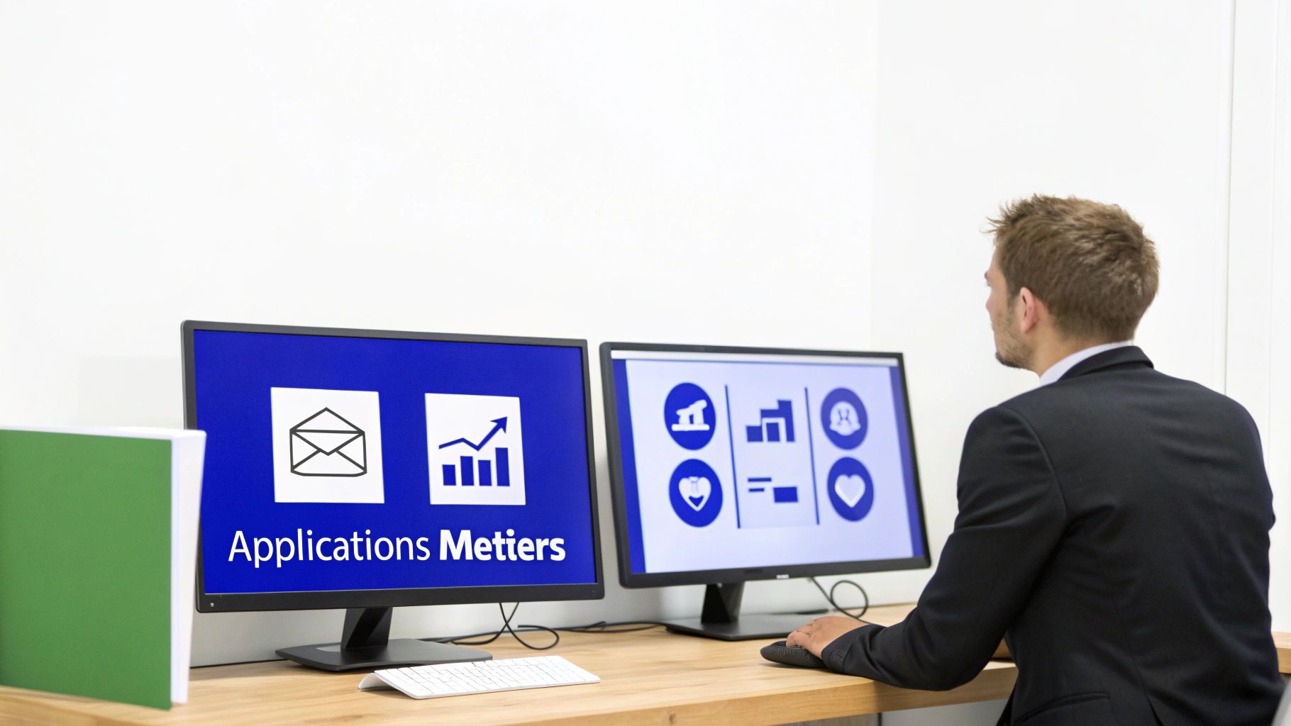 Un homme en costume travaille devant deux écrans d'ordinateur affichant des icônes et le texte