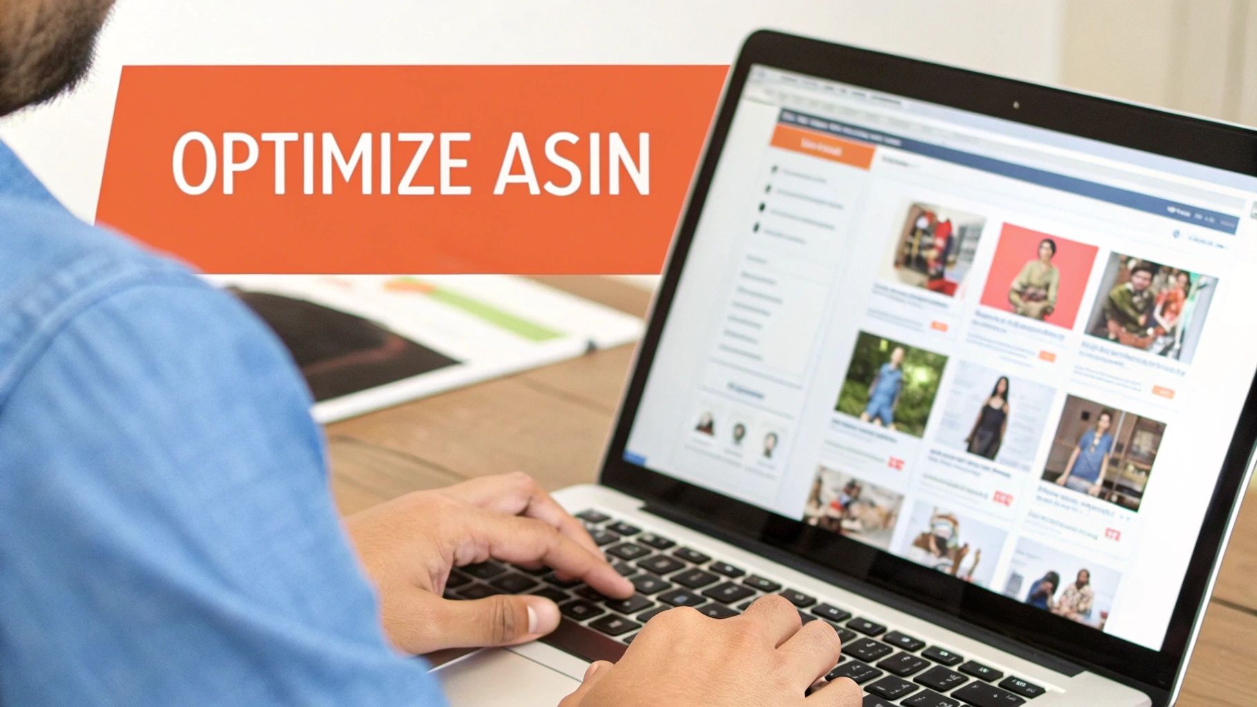 A person typing on a laptop with 'OPTIMIZE ASIN' text in the background, displaying product listings.