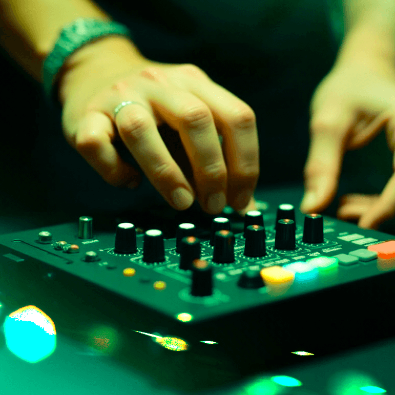 Close-up of hands adjusting knobs on an audio mixer, illuminated by a greenish glow, with colorful lights and buttons on the console.