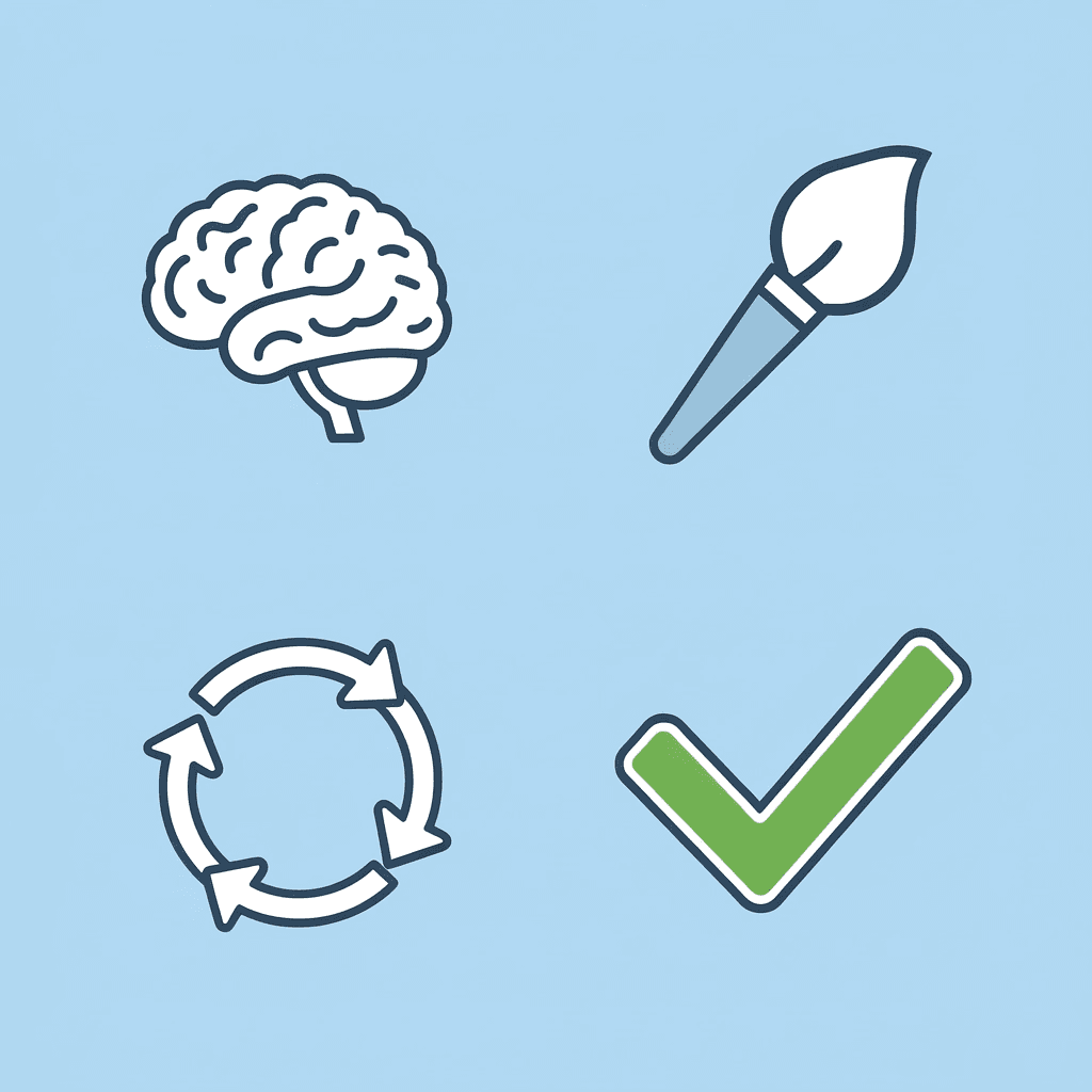 Four-quadrant grid showing visual processing, motor skills, language comprehension, and creative expression as equal components