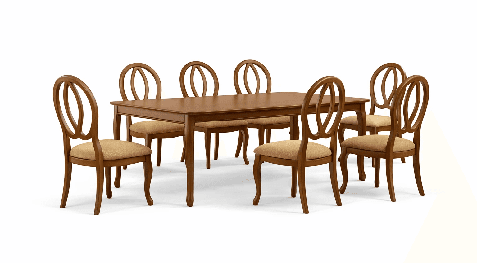 Classic Wood dining table with flat apron detailing, paired with oval‑back wooden chairs