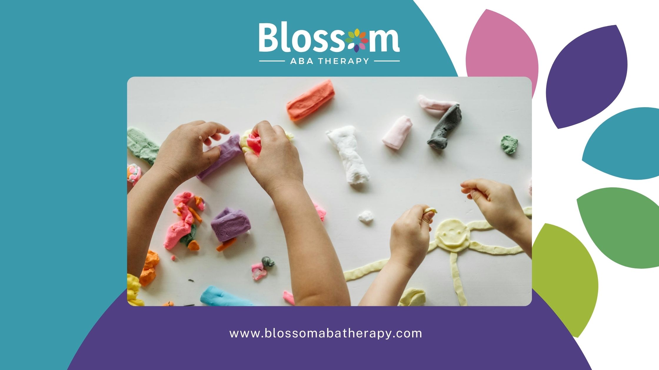 Autistic kids’ hands shaping colorful clay figures on a white table during ABA therapy in Georgia.