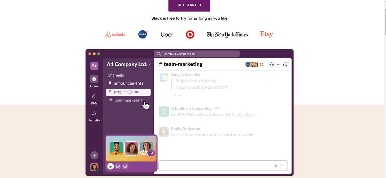 slack team chat homepage screenshot