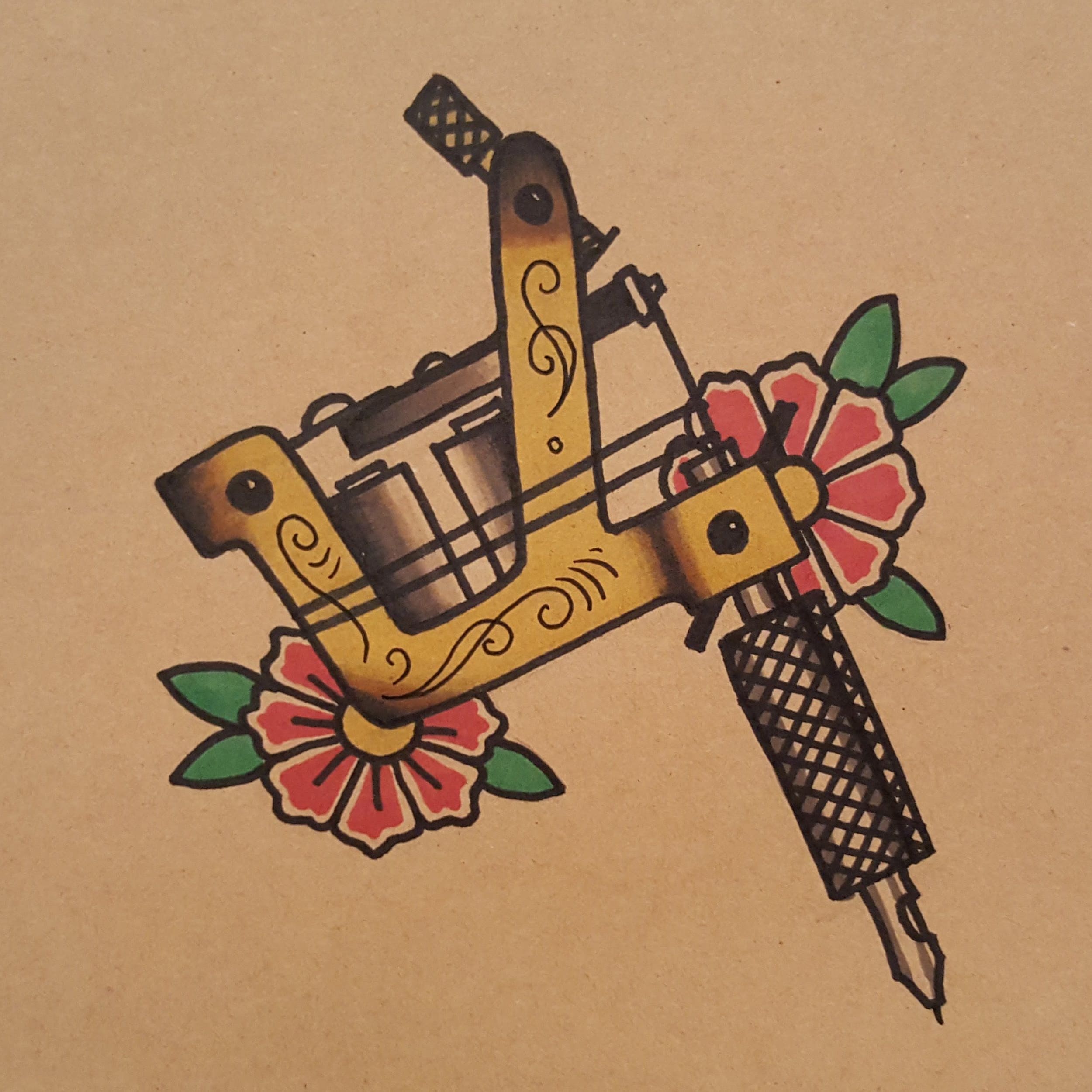 black and red tattoo machine on pink surface