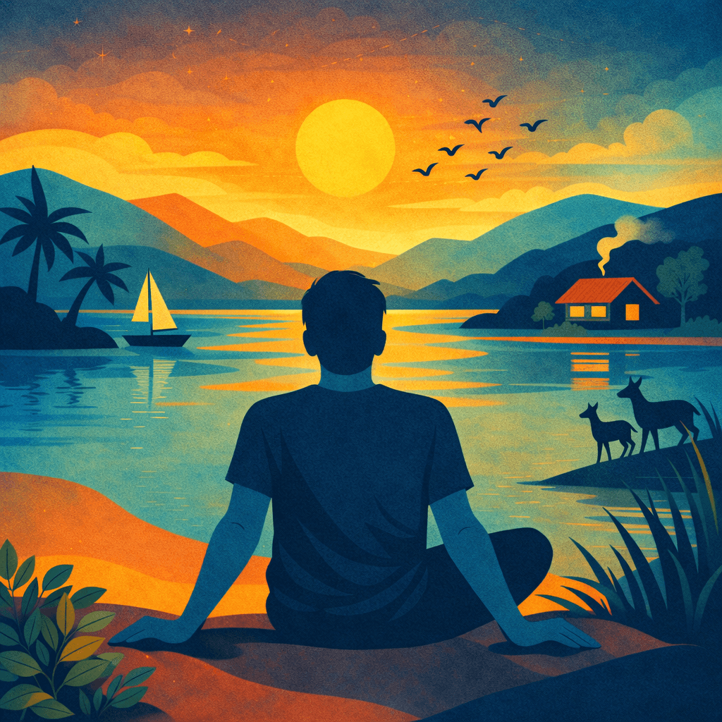 Man sitting calmly looking at sunset over a lake.