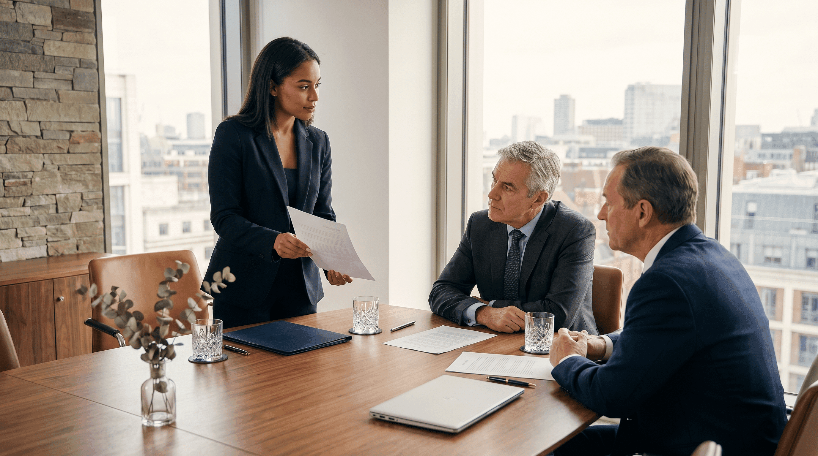 Young high-potential professional presenting commercial insight to senior executives in a private strategy room.