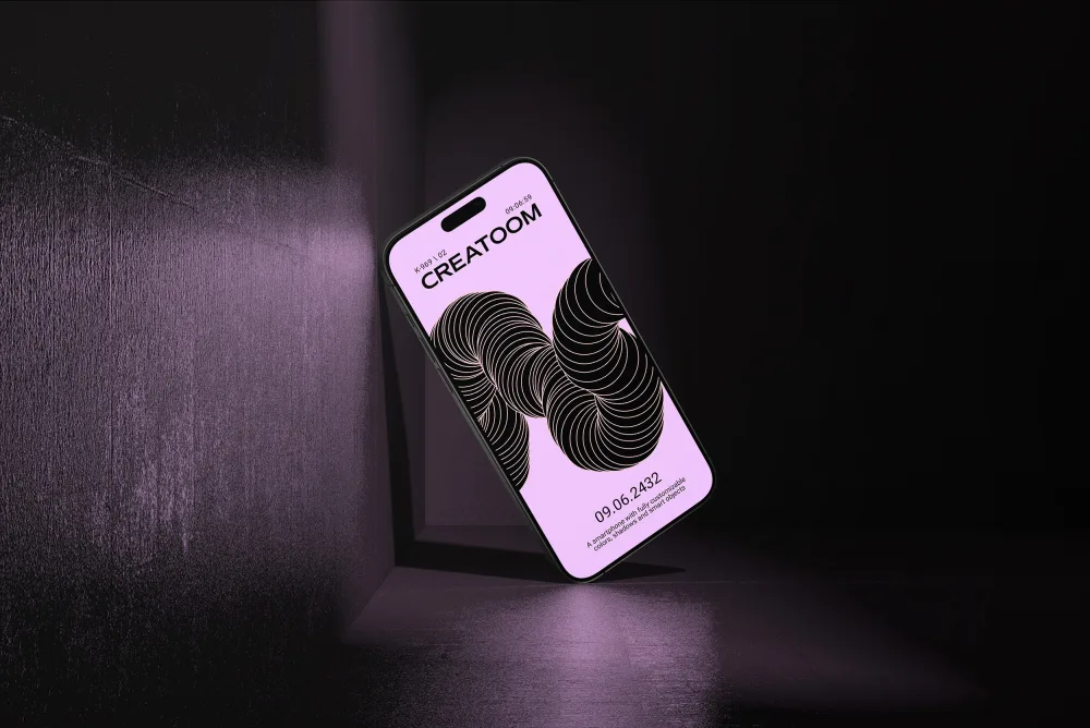 iPhone mockup in a dark environment with purple lighting, showcasing a sleek design on the screen with bold black abstract shapes on a pink background. Ideal for creative app presentations.
