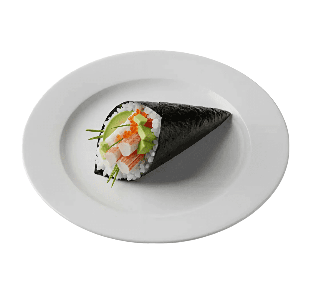 Delicious wrapped sushi on a white plate in a white background