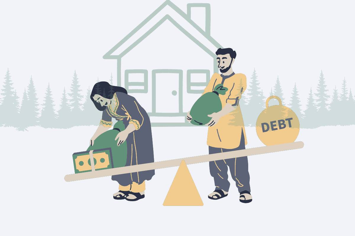 Two people on a seesaw balancing bags of money against a heavy "DEBT" weight.