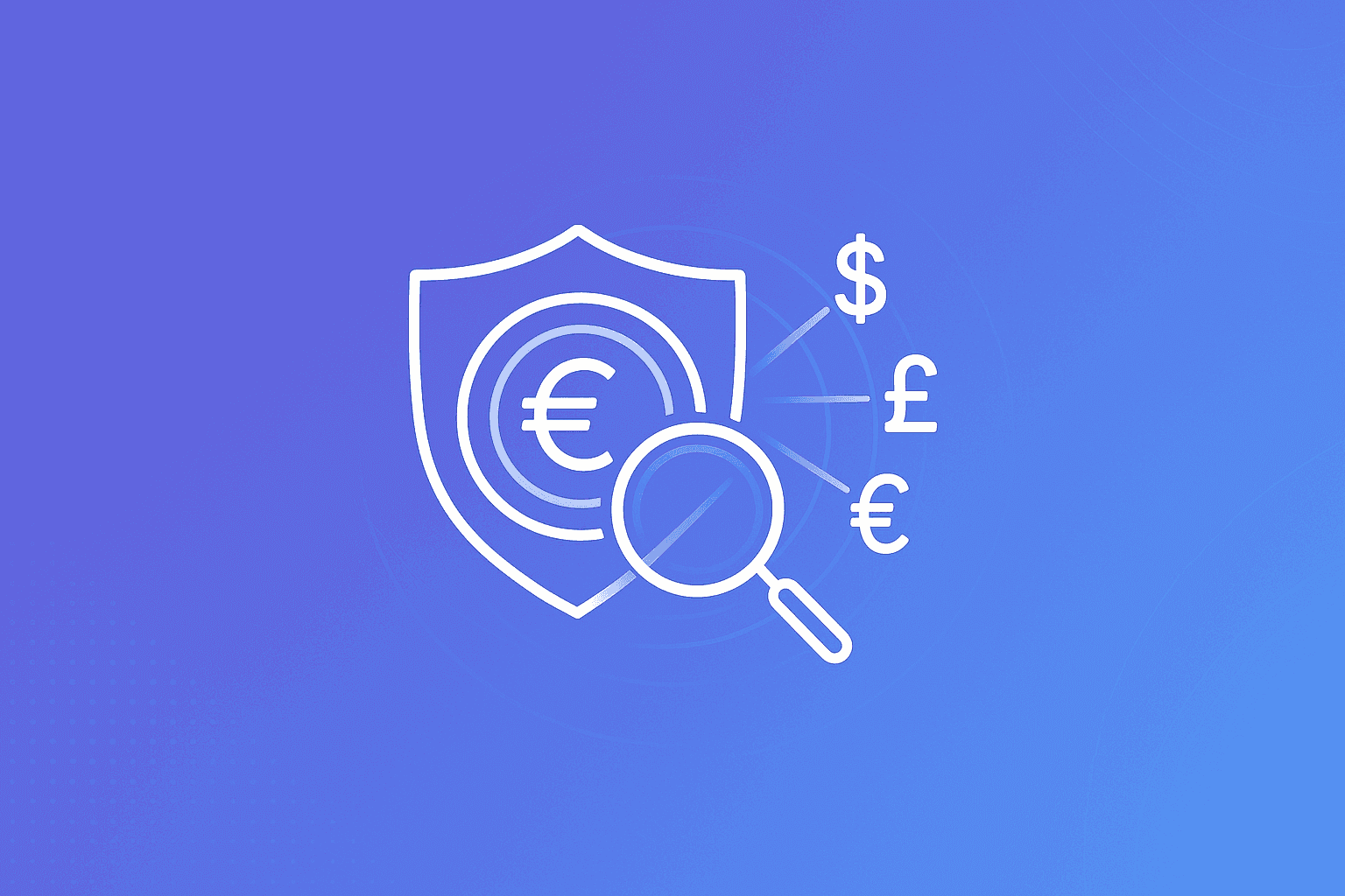 Sanctions screening icon with shield, euro symbol, magnifying glass, and multi currency indicators on a blue and purple gradient background.
