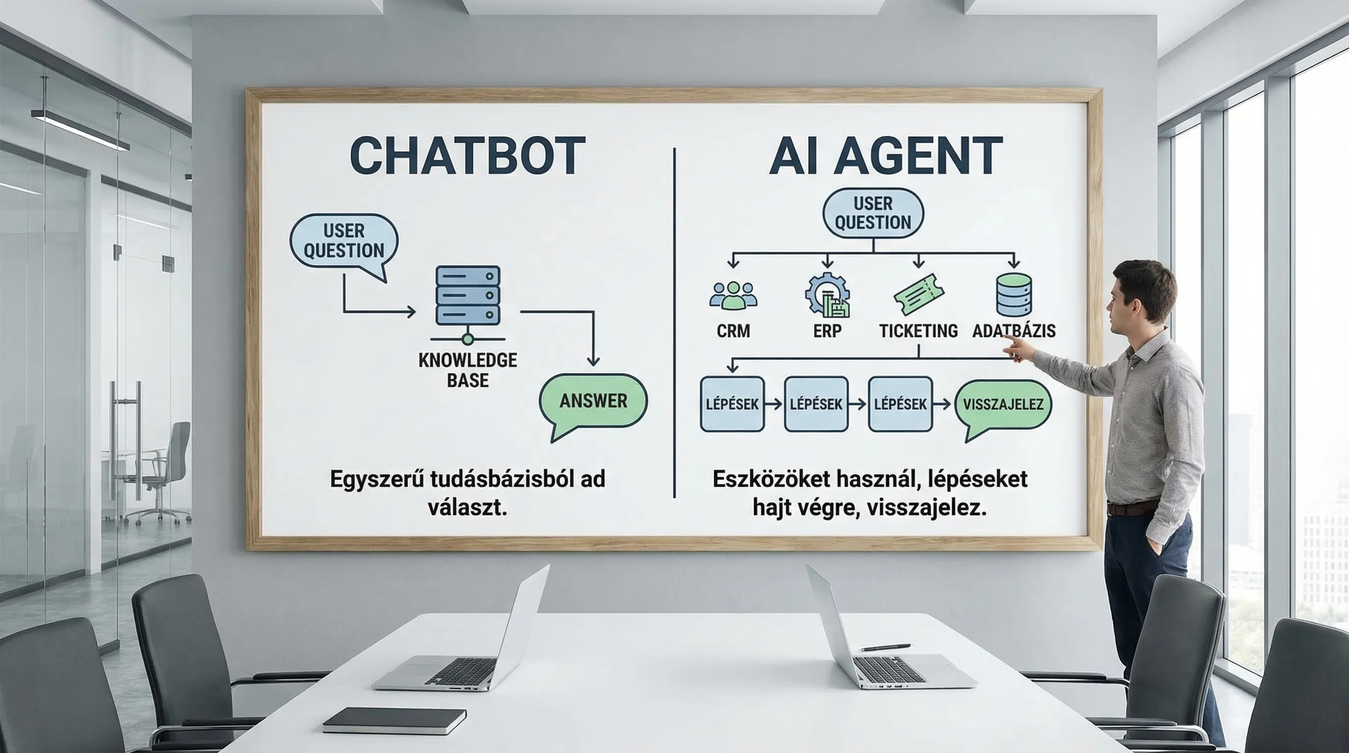 Egyszerű összehasonlító ábra: bal oldalon Chatbot, ami felhasználói kérdésből tudásbázisból választ ad; jobb oldalon AI agent, ami a kérdés után eszközöket használ (CRM, ERP, ticketing, adatbázis), lépéseket hajt végre, majd visszajelez.