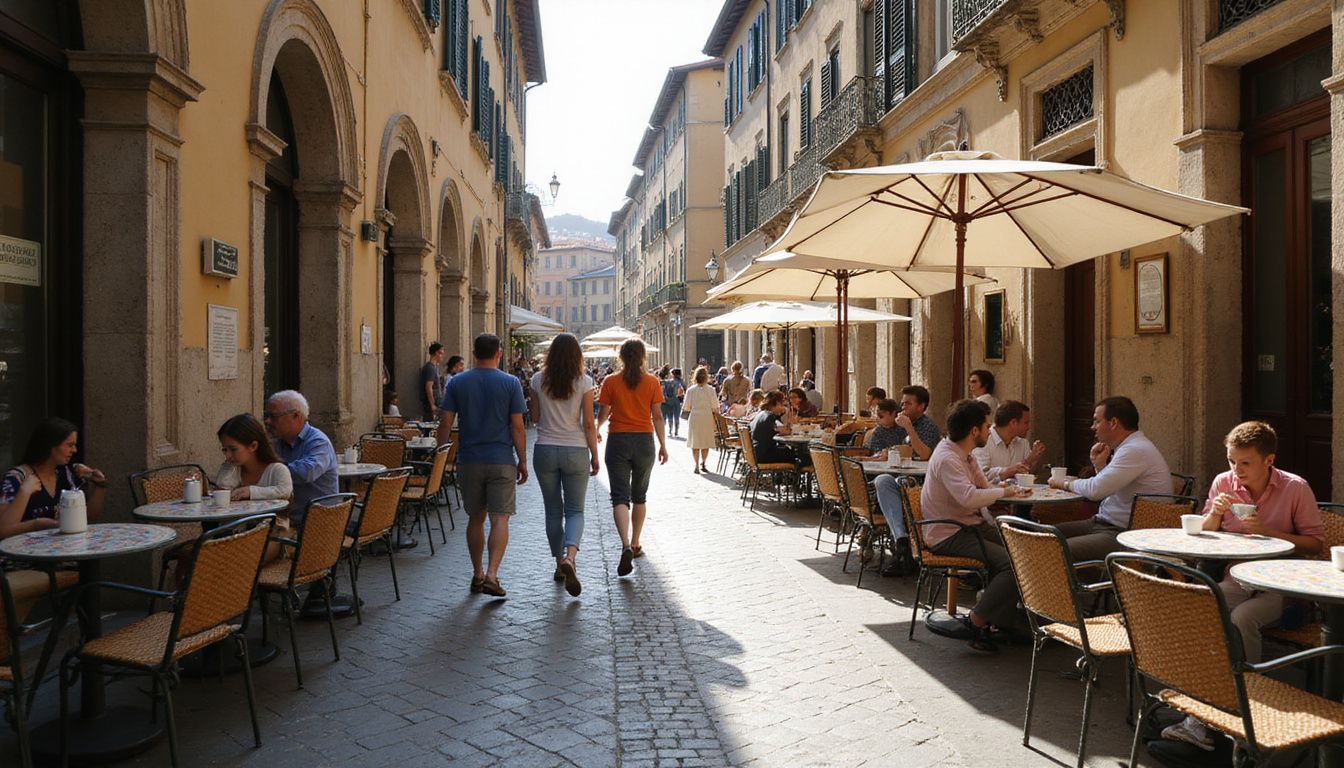 A lively Florence street scene with outdoor cafes and historic architecture.