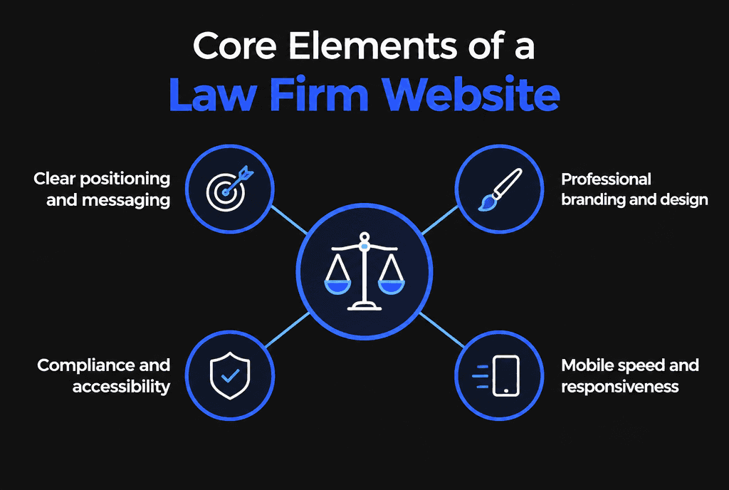 Infographic of the core elements every law firm website needs: practice area pages, attorney bios, clear intake, local SEO and security