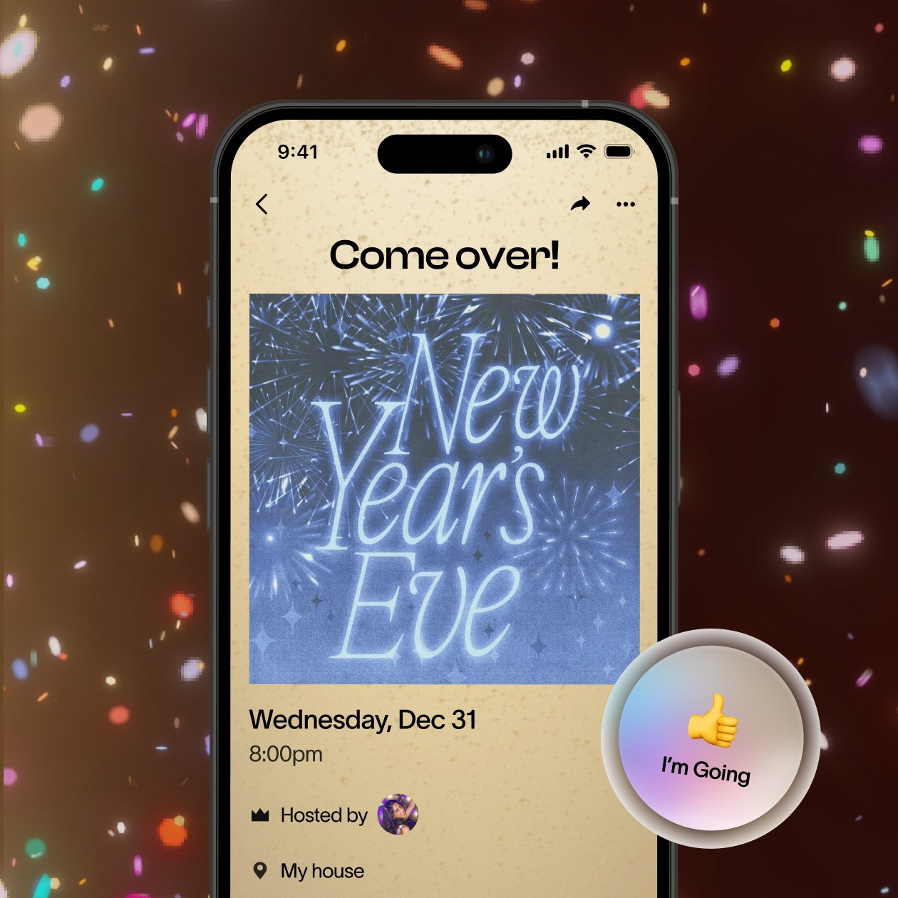 Close-up of a Partiful New Year’s Eve event invite displayed on a phone with colorful party lights in the background. Free invitews with RSVP travking