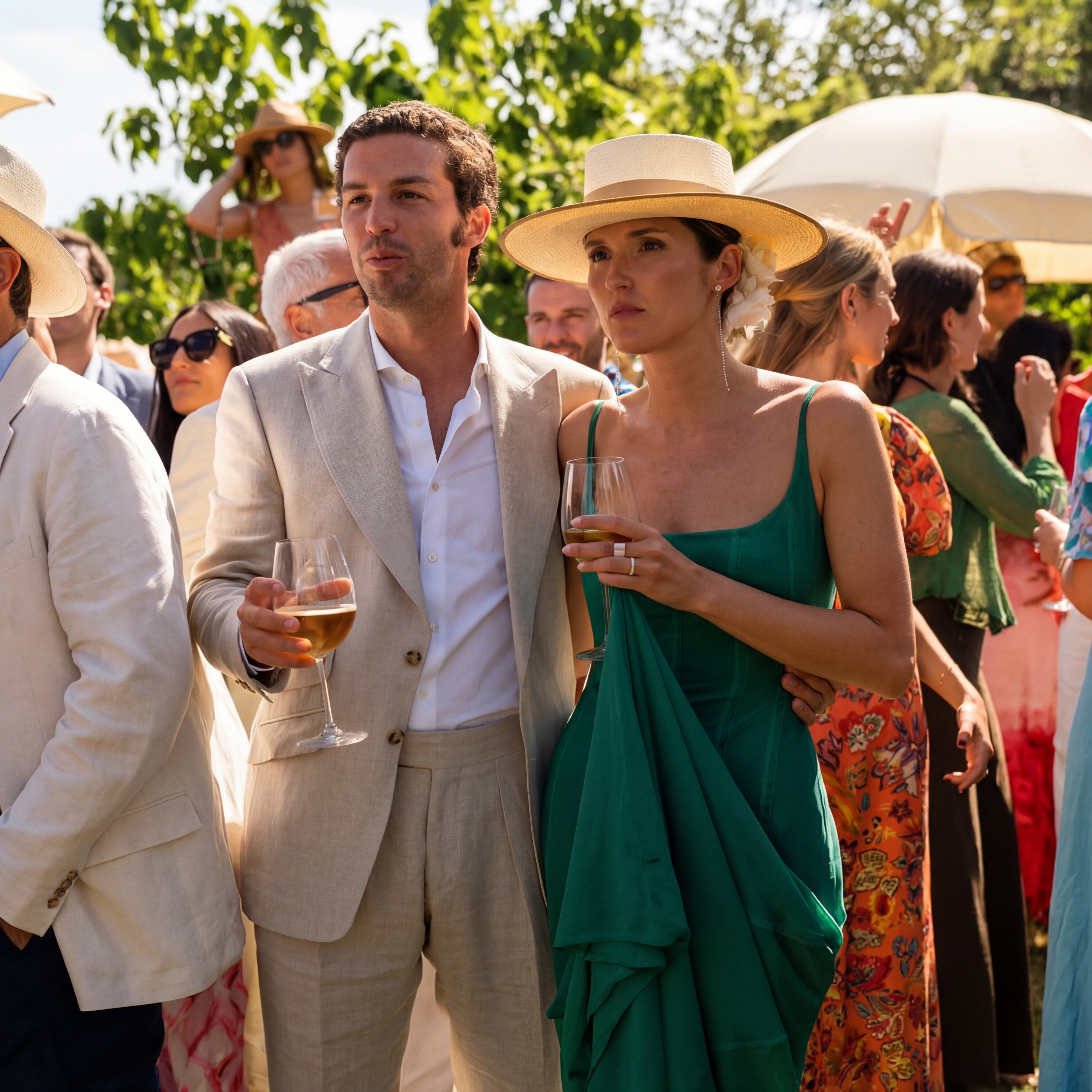 Group of hikers walking through a mountain meadow surrounded by pine trees and misty peaks.