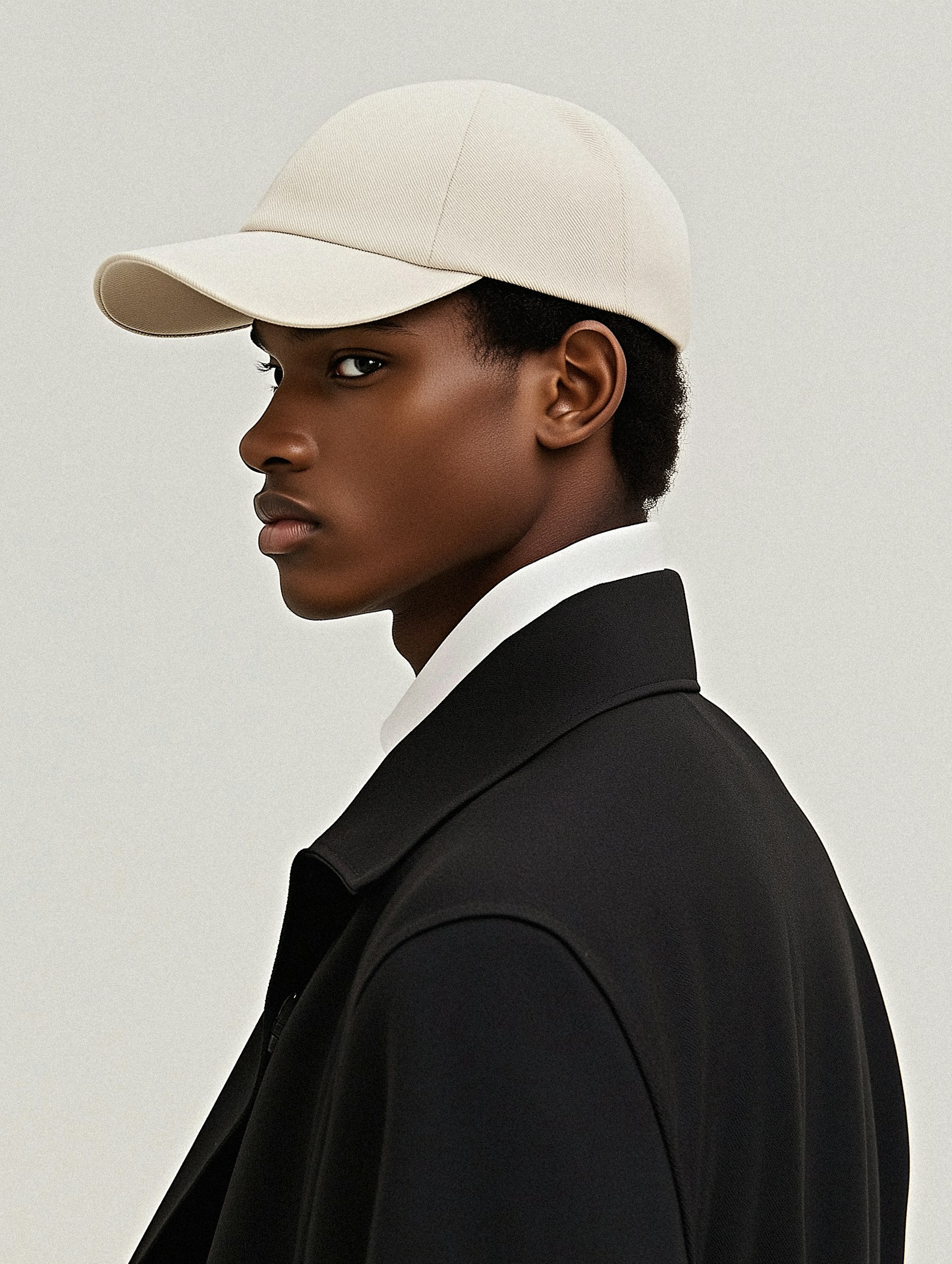 Stylish side profile of a man in a cream cap, black coat, and white shirt against a minimalist gray background.