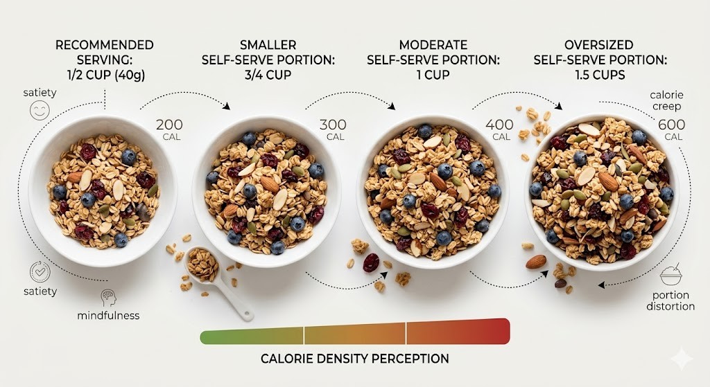 An infographic illustrating how granola portion sizes affect calorie intake, showing four bowls ranging from a 1/2 cup recommended serving to a 1.5 cup oversized portion. A color-coded scale demonstrates increasing calorie density perception from green (low) to red (high), labeling risks like 'calorie creep' and 'portion distortion' while encouraging 'mindfulness' and 'satiety'.