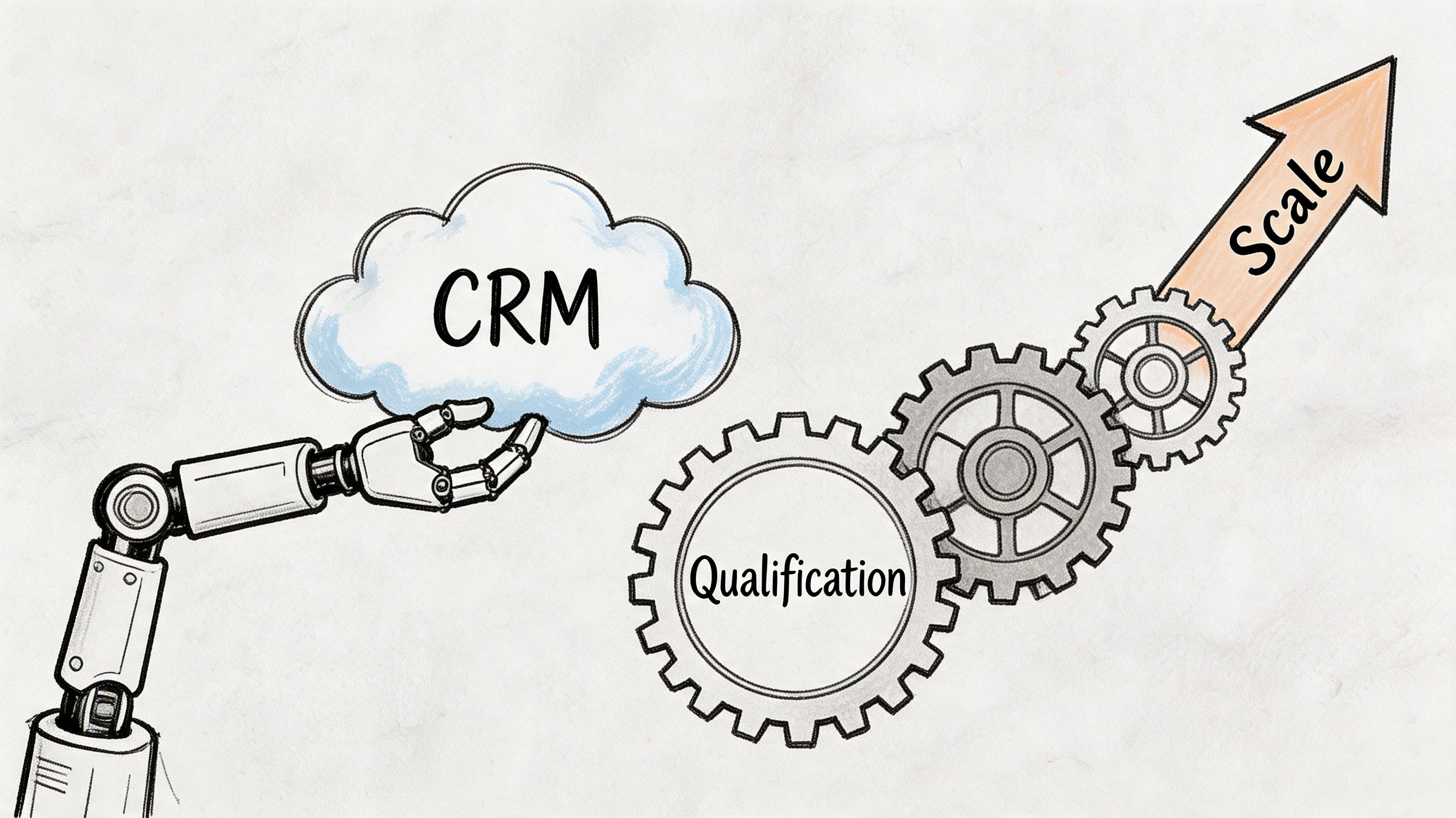 A robotic arm interacting with a CRM cloud icon linked to qualification gears pushing towards scaling success.