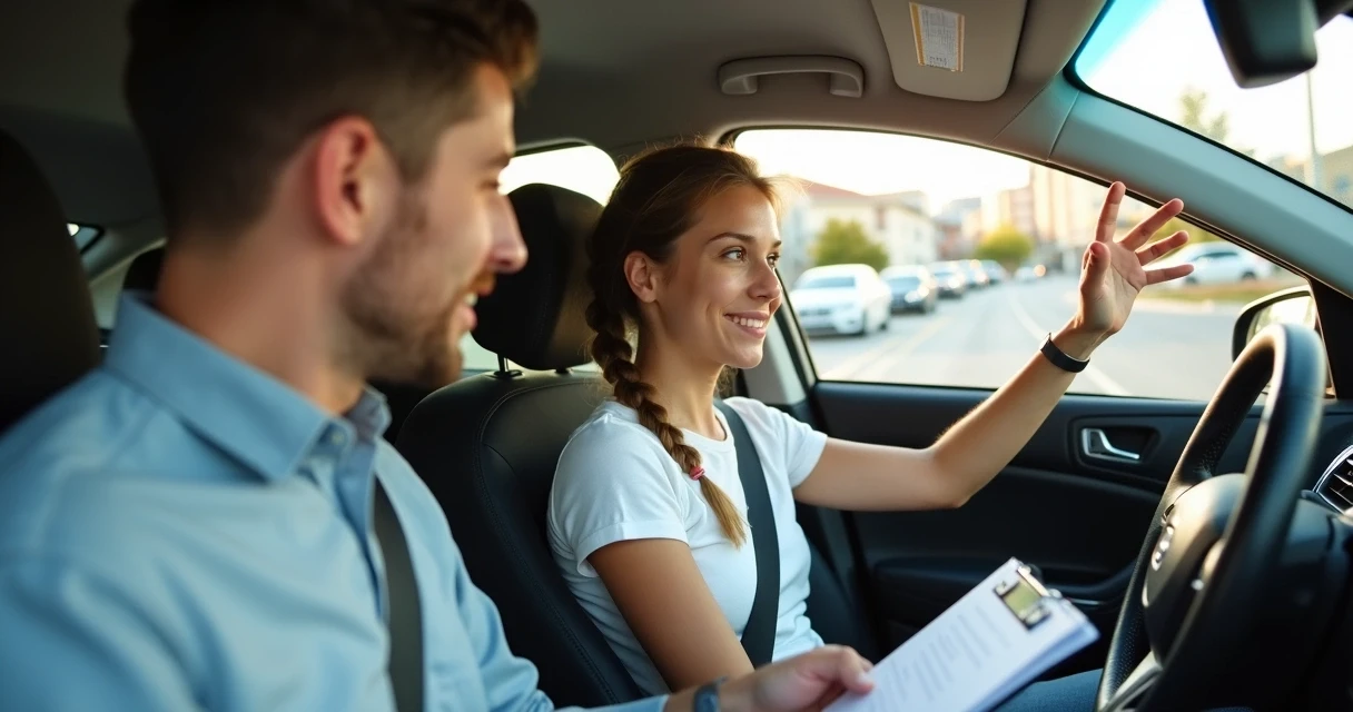 Instrutor de trânsito orientando aluno em aula prática de CNH 