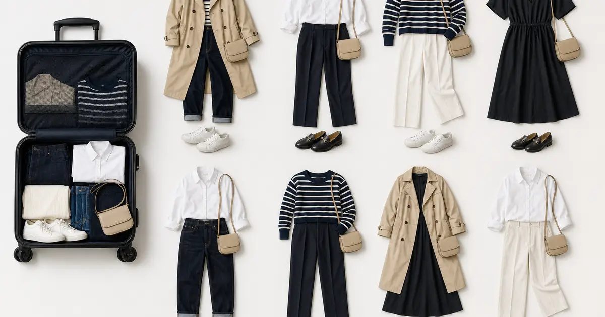 Open carry-on beside eight city outfits using a trench, striped knit, white shirt, dark trousers, black dress, sneakers, loafers, and crossbody bags