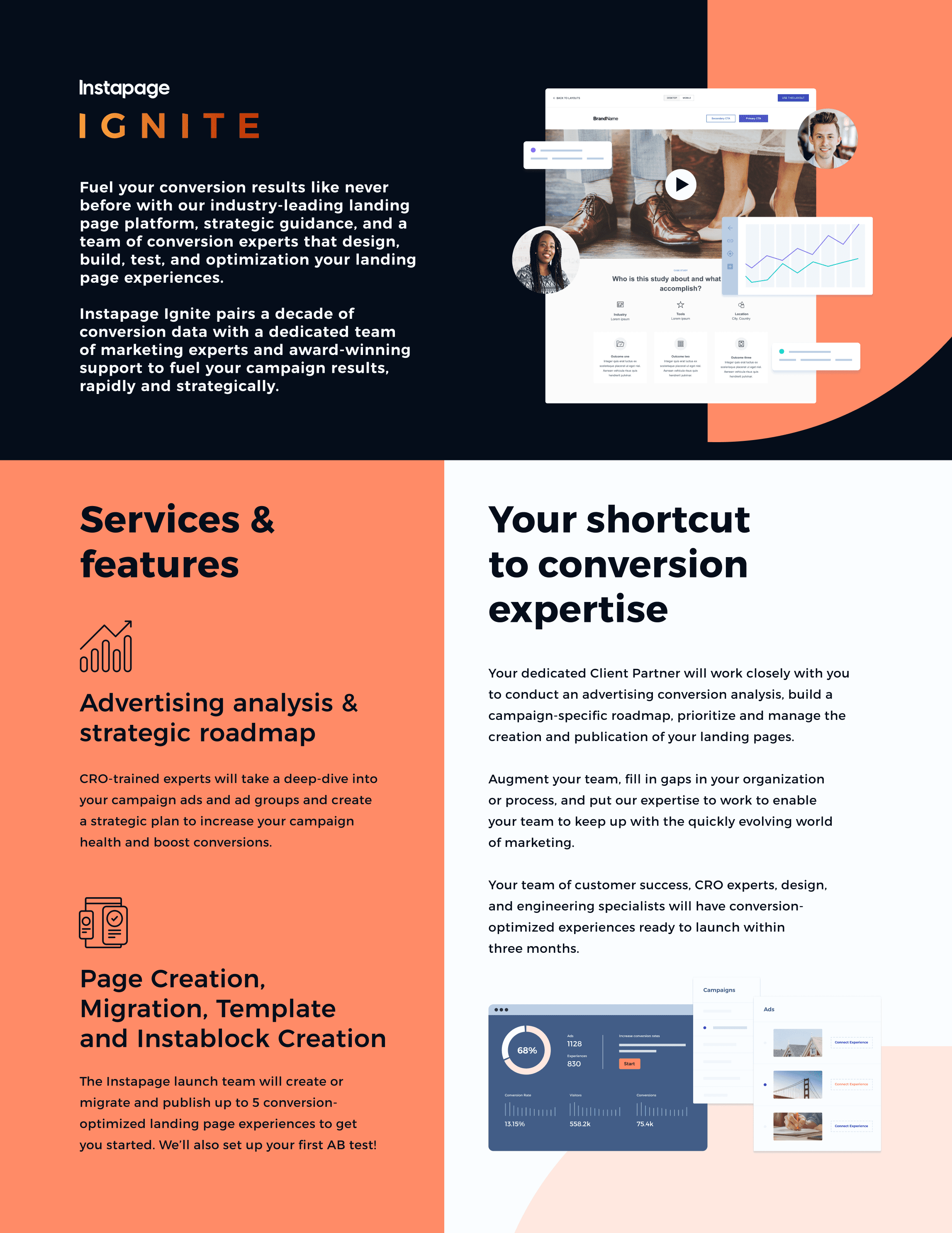 one-pager branded layout design features upsell of B2B tech enterprise offering highlighting services and features and conversation expertise