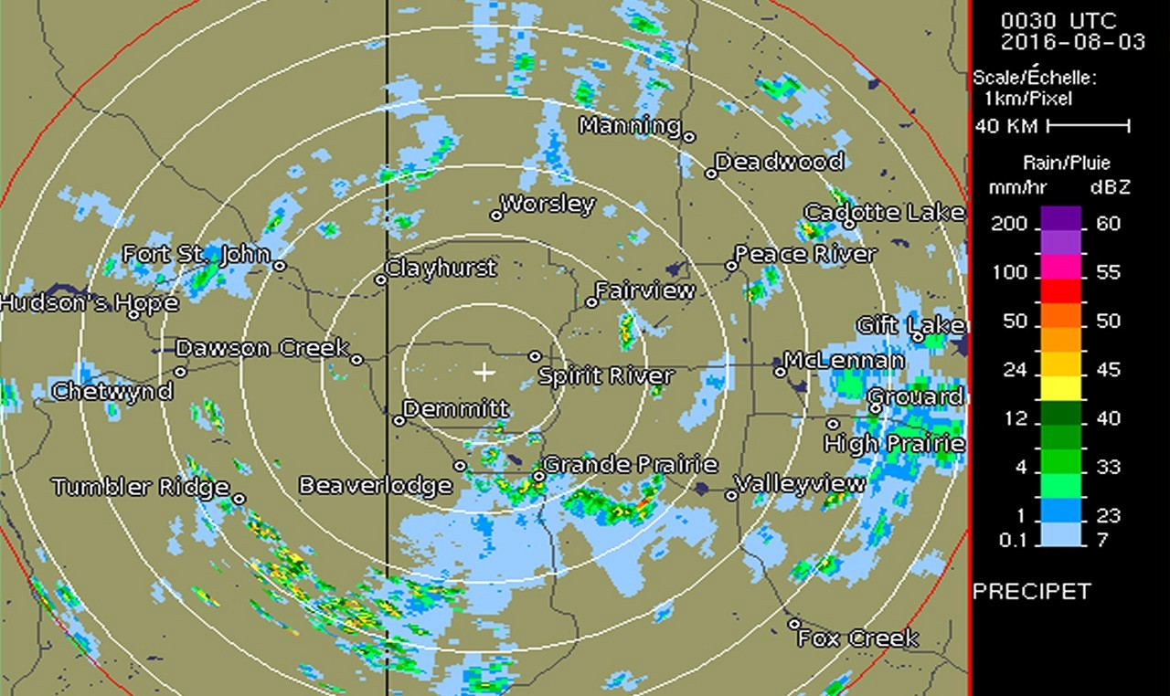 Weather radar map showing precipitation patterns over Grande Prairie and surrounding Alberta communities on August 3, 2016, used for hydrological analysis of school flooding event