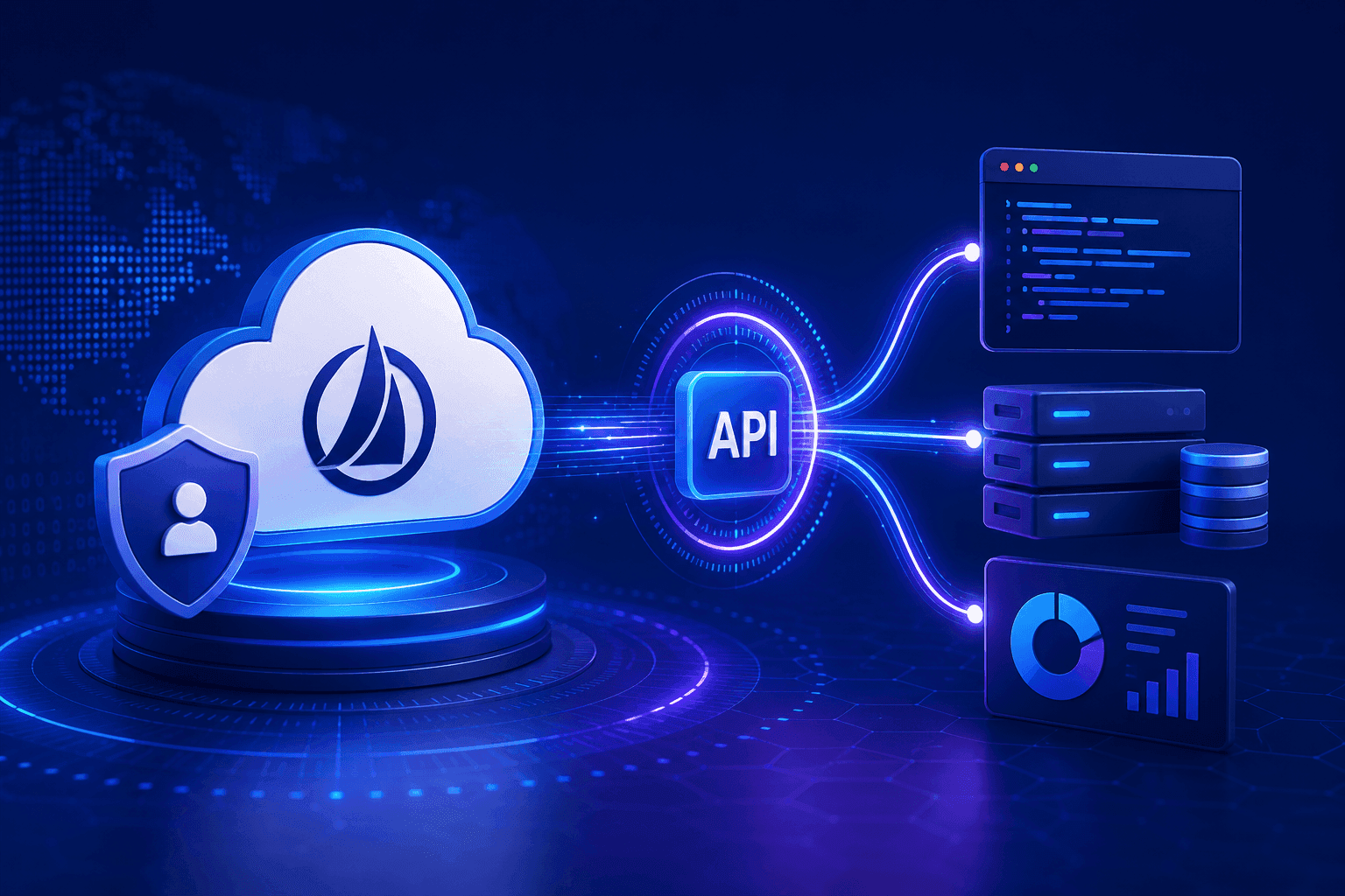 Digital graphic of the SailPoint cloud logo connecting via an API to code, servers, and data analytics.