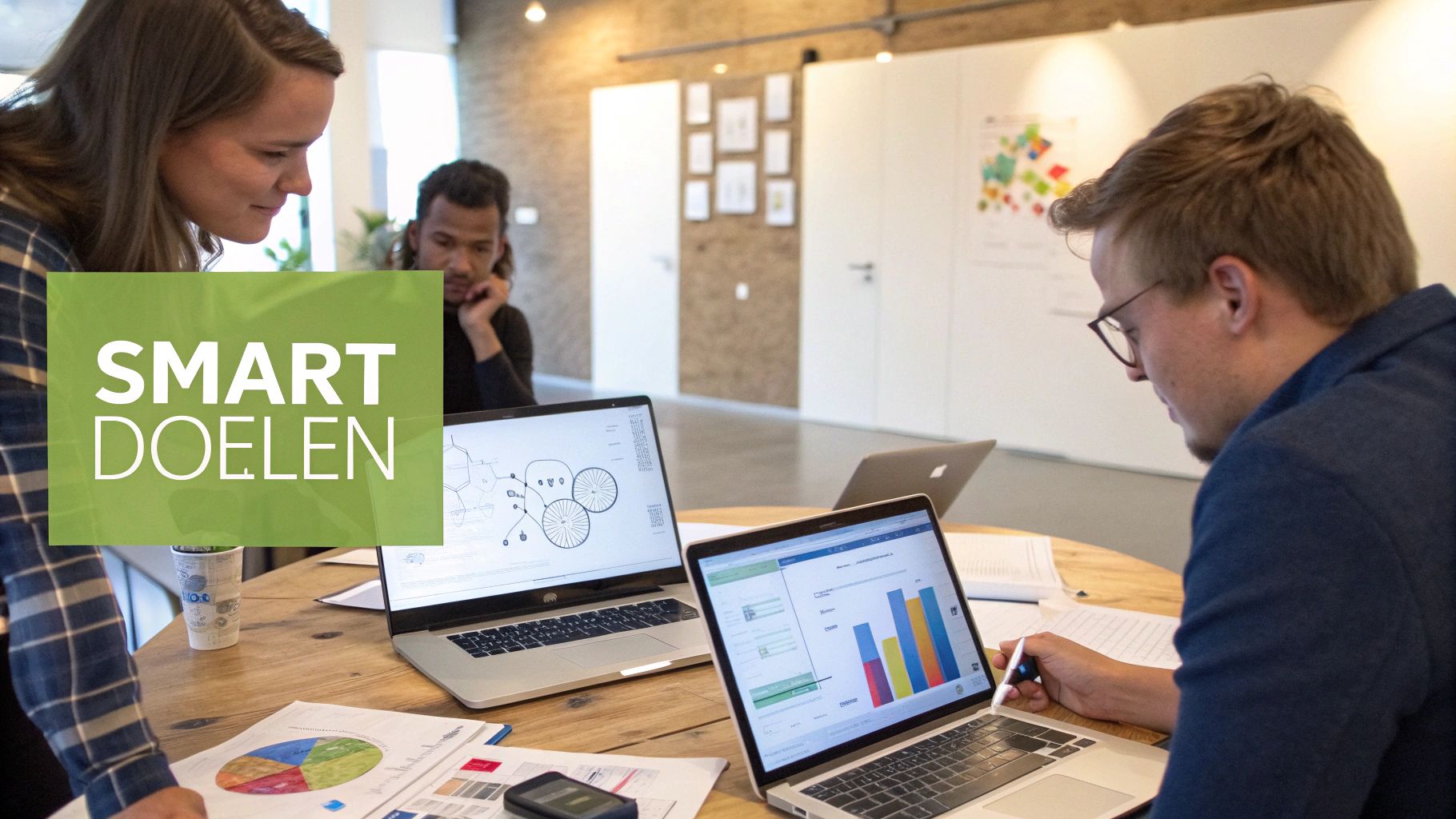 Een groep mensen werkt samen aan laptops en documenten in een kantooromgeving met de tekst 'SMART DOELEN'.