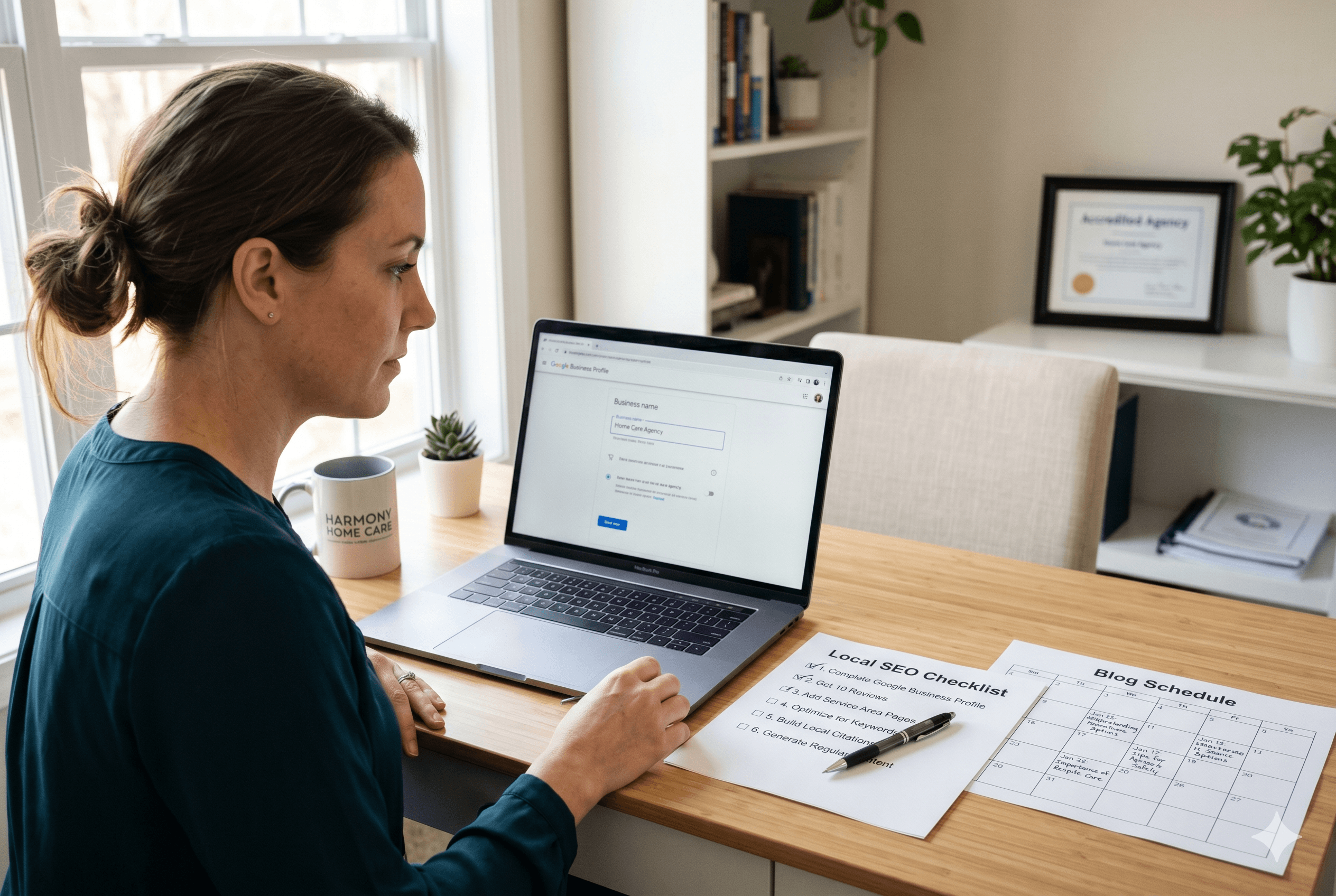 woman sitting at a wooden table with a laptop, SEO checklist, blog schedule and mug of "Home Care"