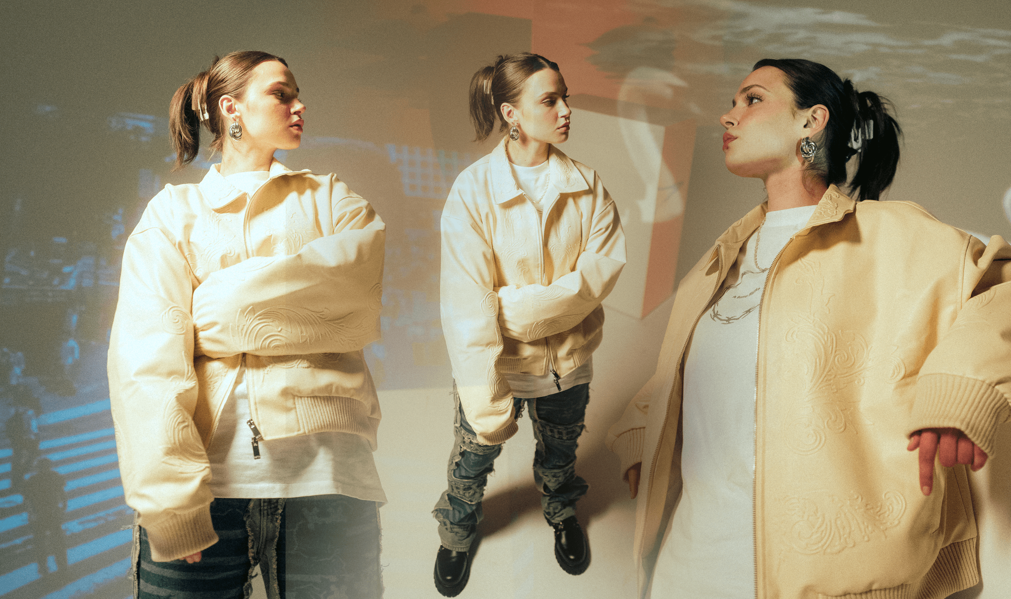 celine musican berlin, girl with yellow jacked in photo studio, hip hop style gild with blakc hair 