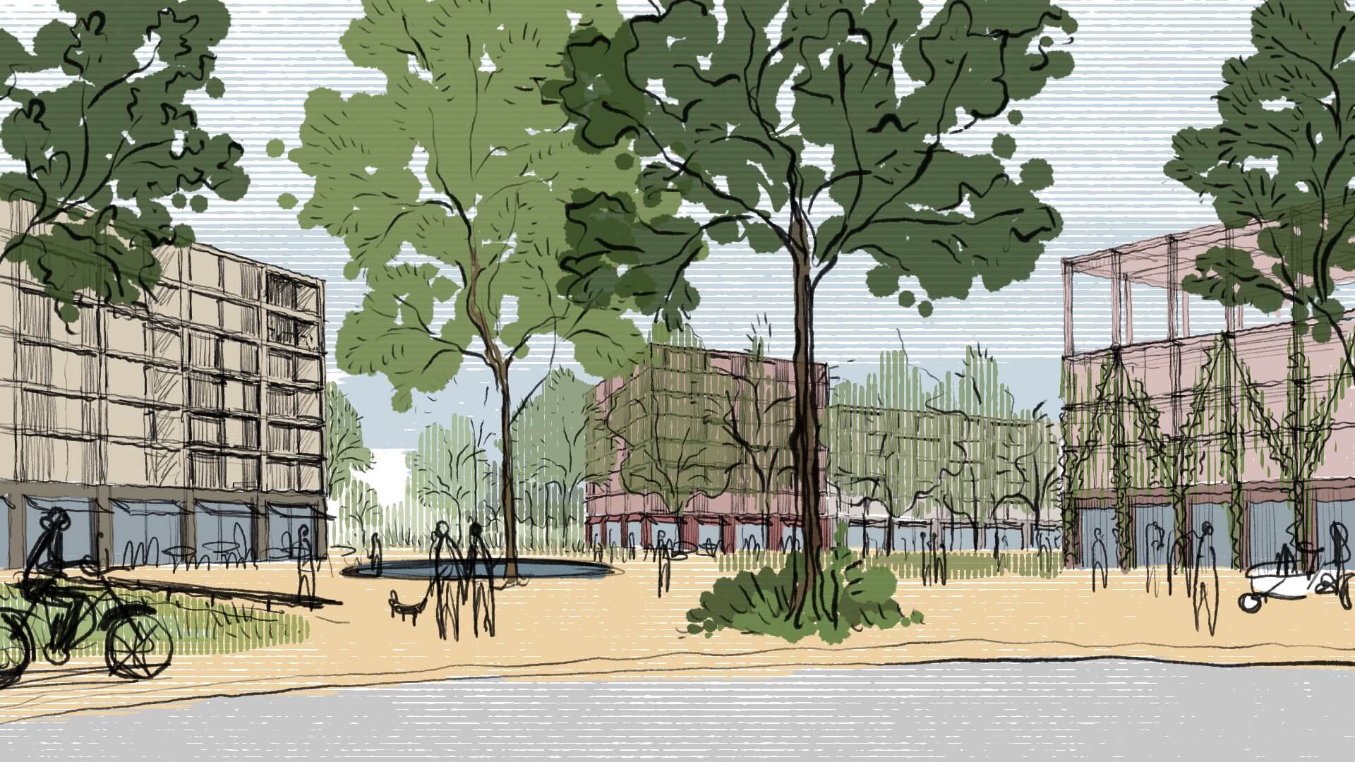 A digital illustration of a park-like area with buildings, large trees, and a sandy pathway in a serene setting.