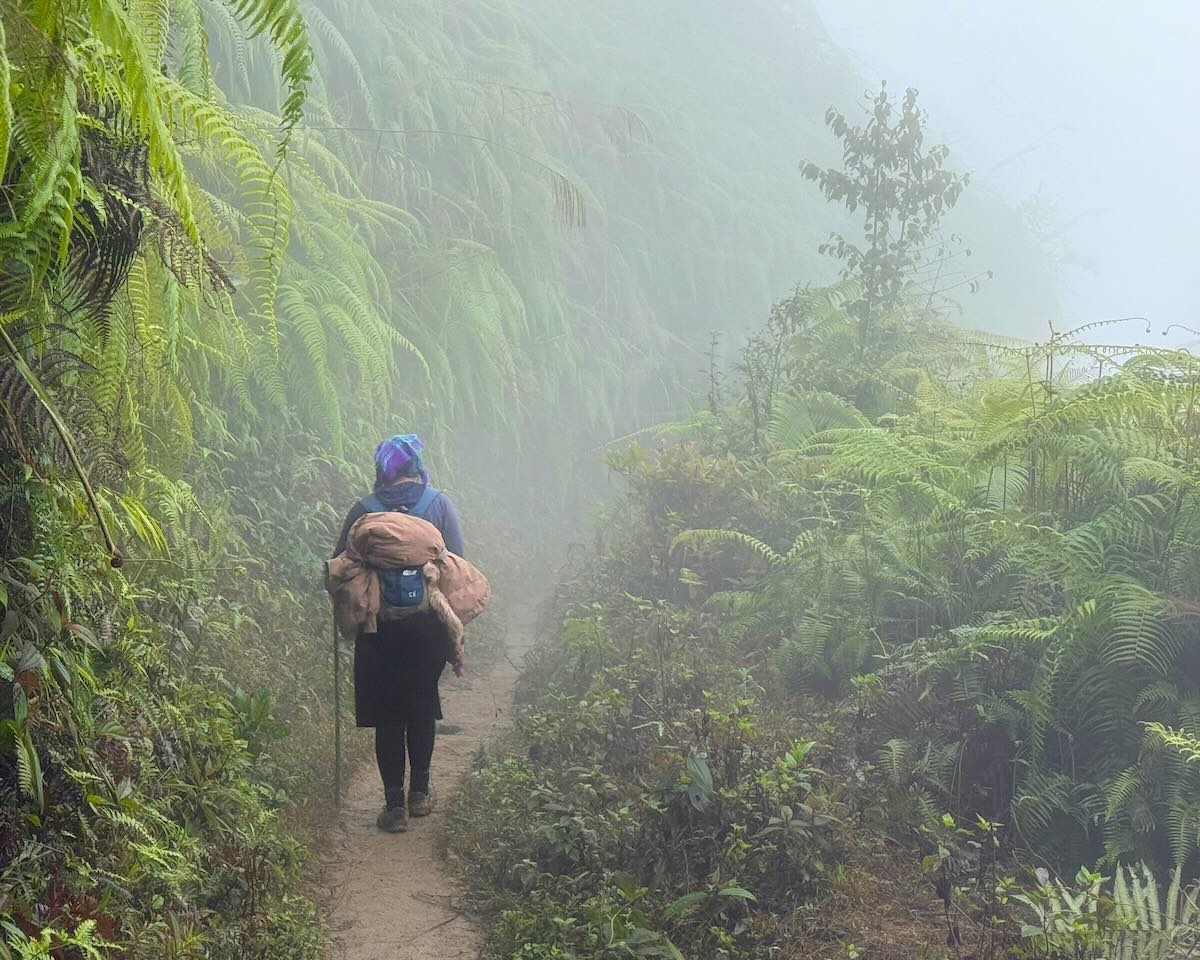 Pang walking through a misty forest trail on the way to the summit of Fansipan near Sapa, Vietnam.