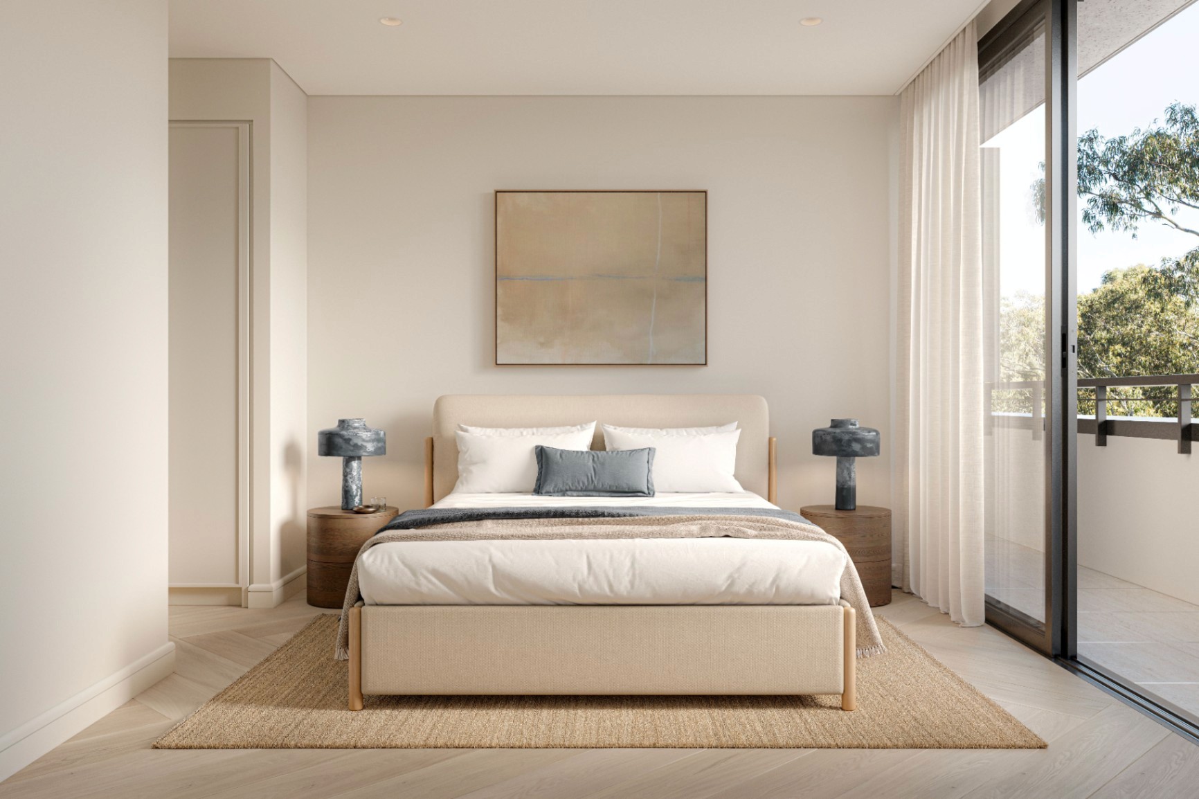 Master bedroom at Fletcher House Artarmon with soft neutral tones, built-in storage and balcony access, secured using Coposit’s $10k deposit option.