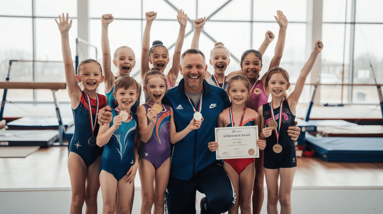 A group of young gymnasts joyfully celebrates with their coach in a training facility, highlighting the camaraderie and teamwork often fostered in gymnastics clubs. This scene reflects the supportive atmosphere essential for athlete development, where effective gymnastics club management software can streamline class management and attendance tracking.