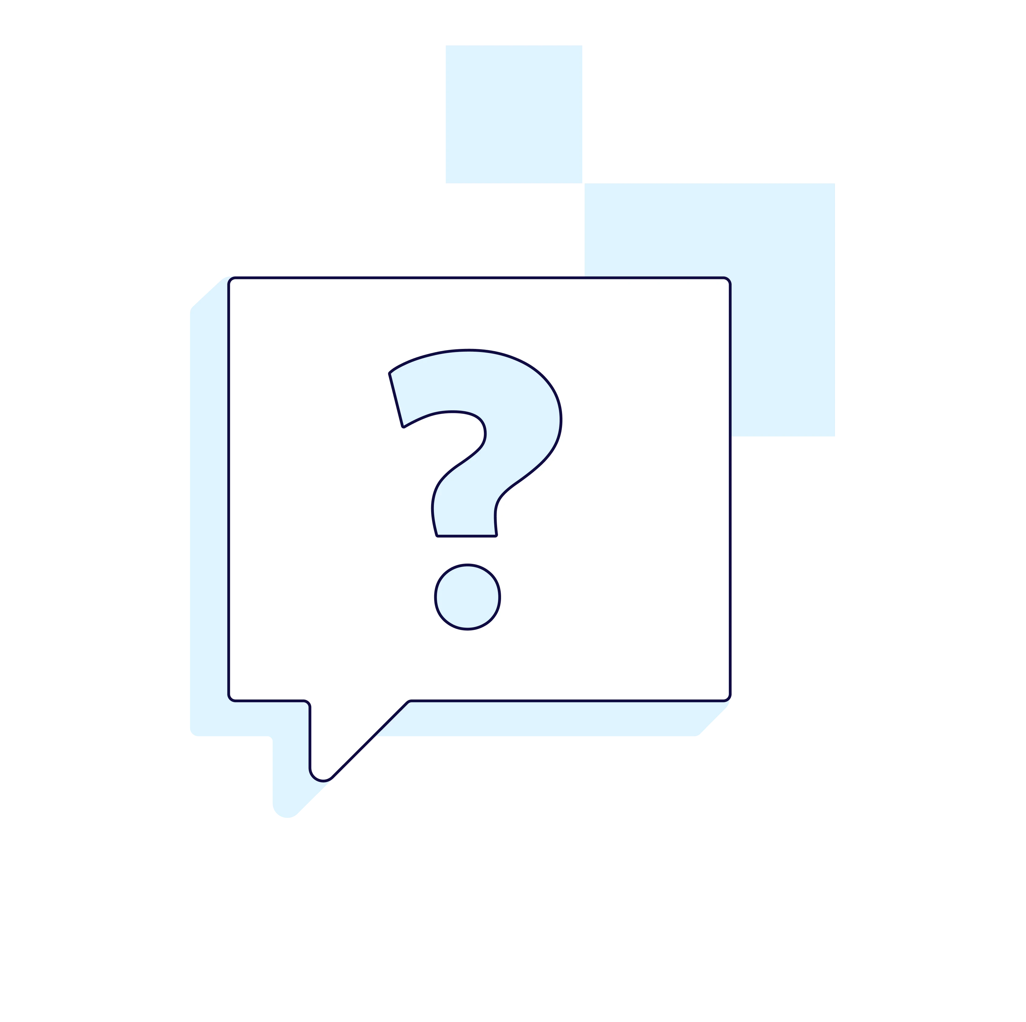 Burbuja de chat con signo de interrogación para la sección de dudas.