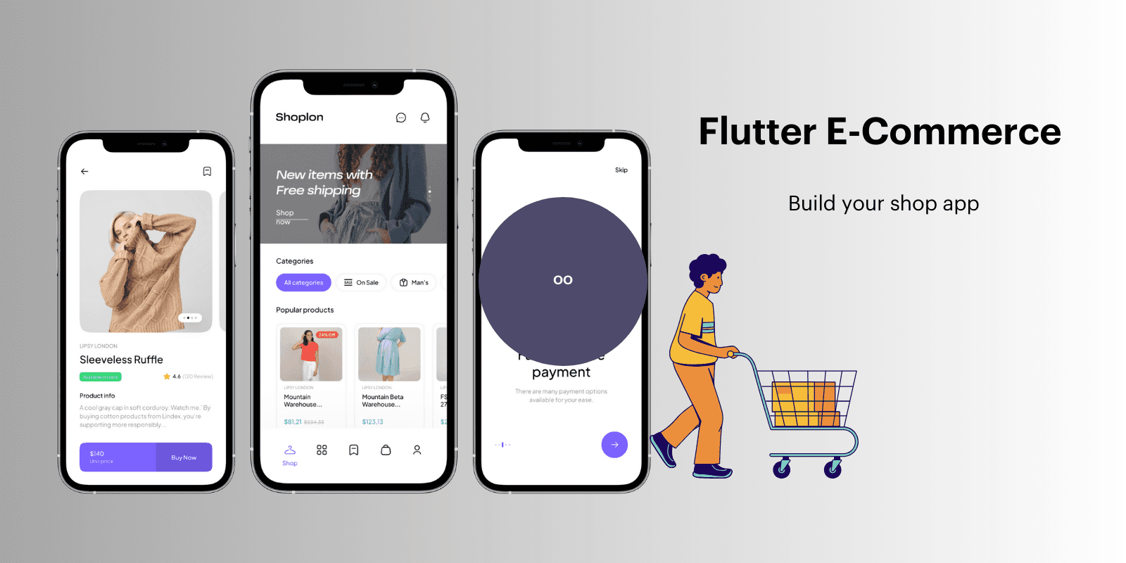 Flutter eCommerce App showing product listings and shopping cart.