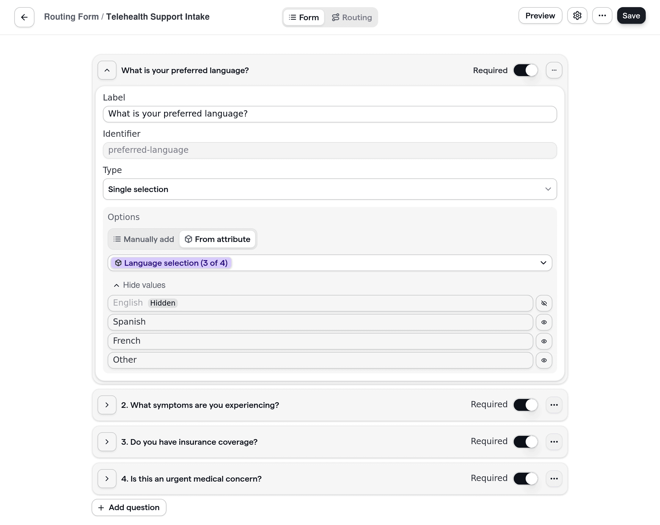 Patient routing form for telehealth support teams, featuring customized intake questions for medical needs, insurance, and preferred language.