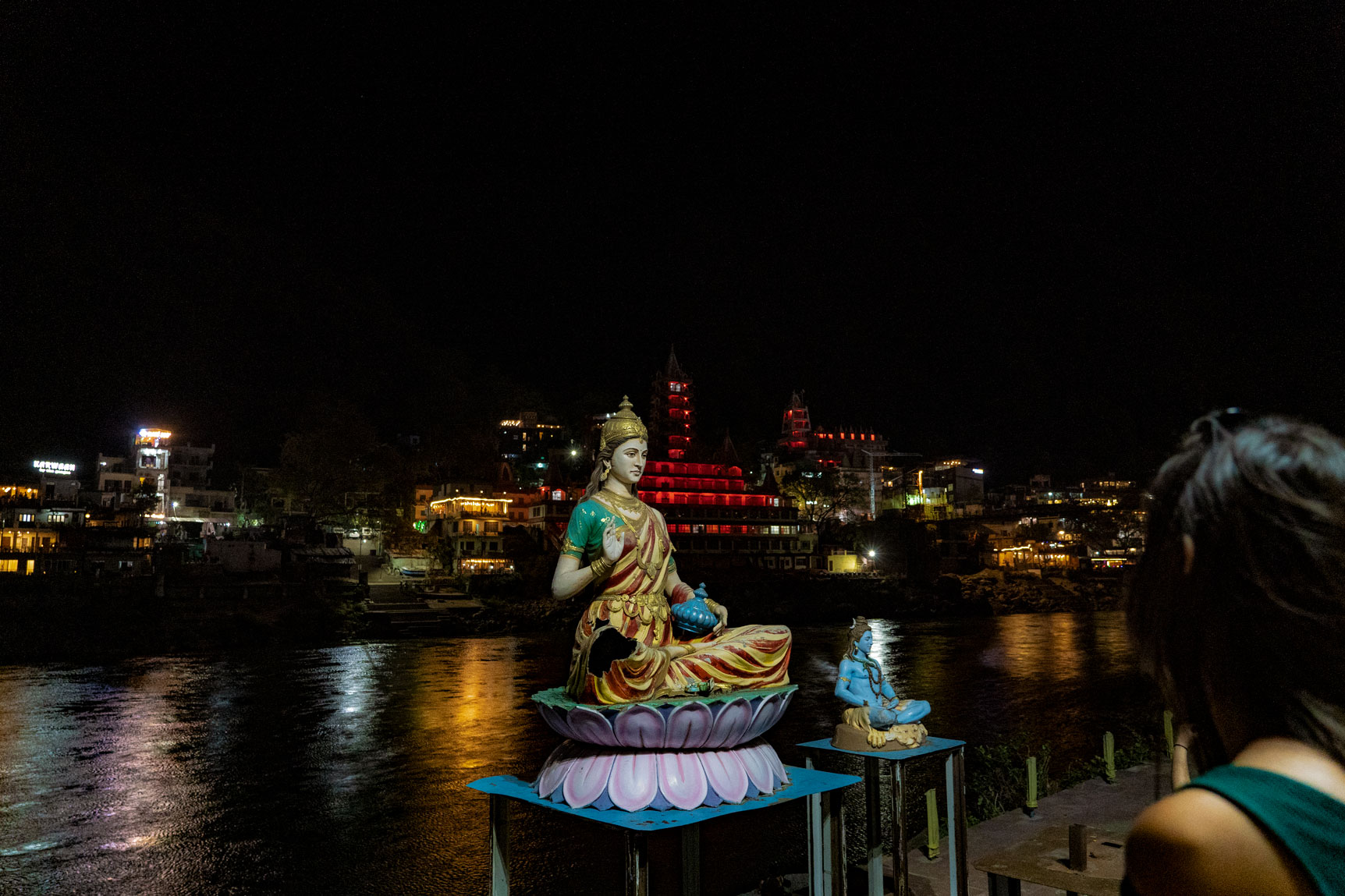 Ganga river and Parvati and Shiva statues in Sai Ghat, Rishikesh, India