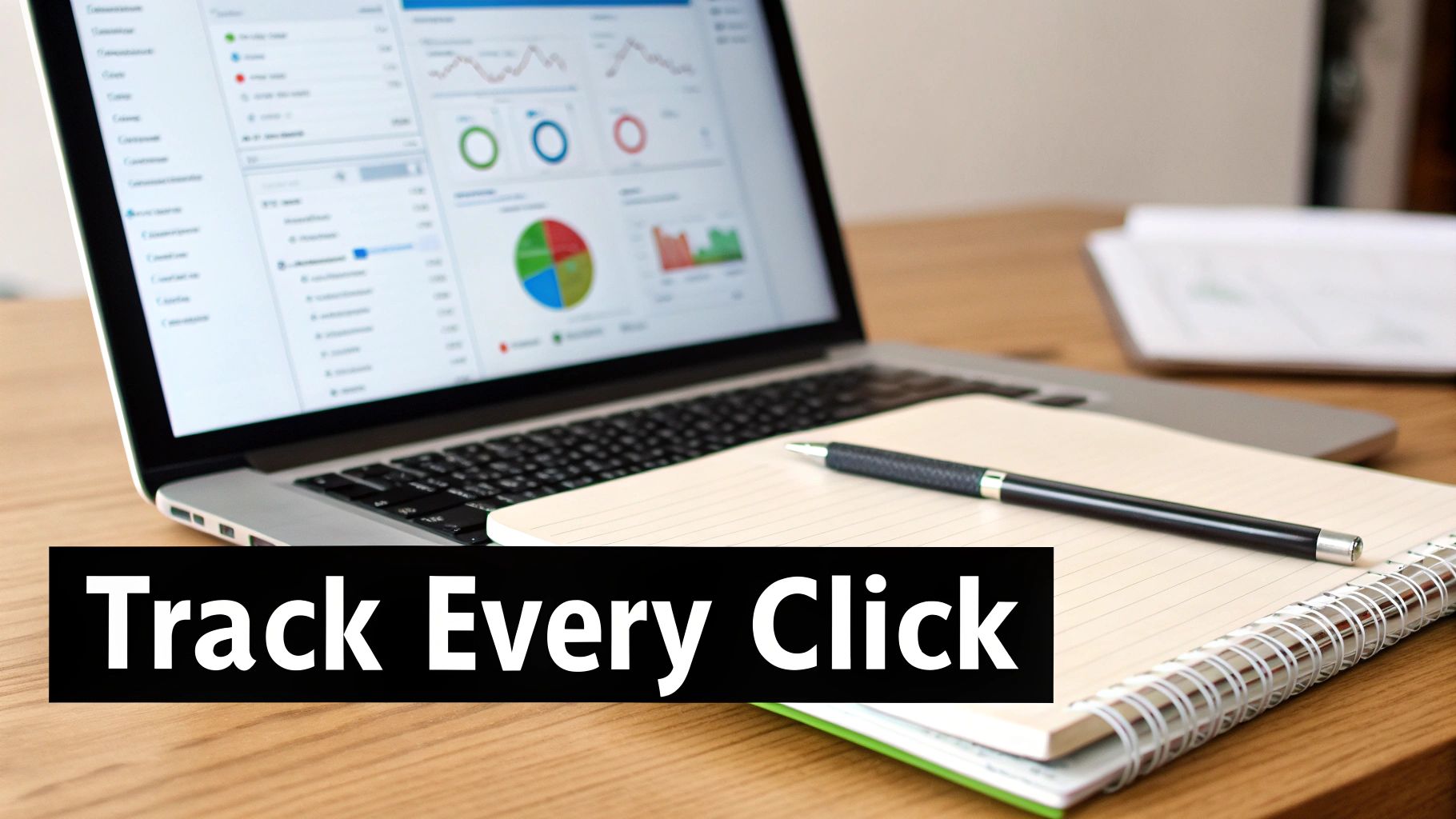 A laptop displaying web analytics with charts and graphs, a notebook, and a pen on a wooden desk.