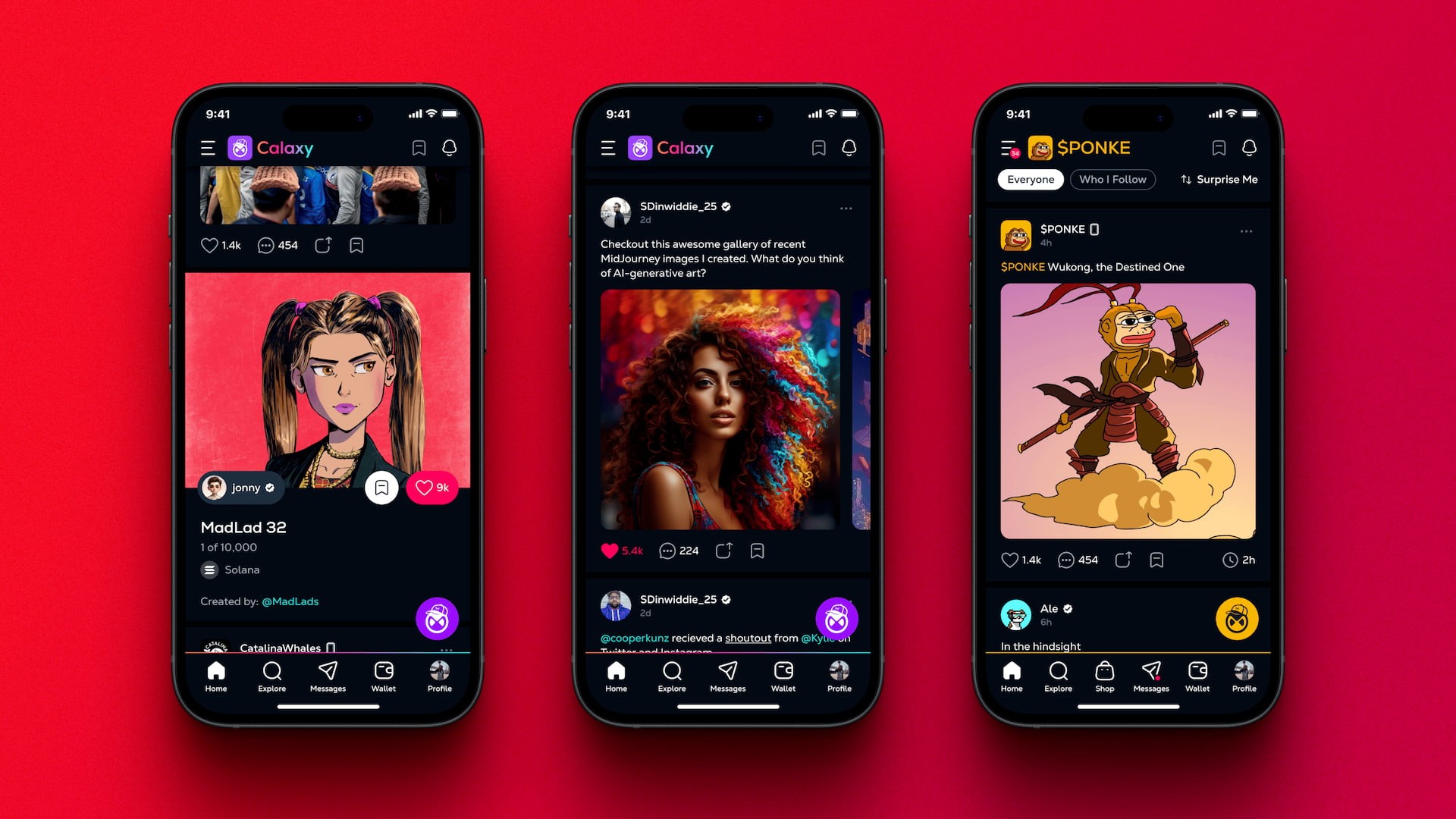 Main home feed design for the Calaxy mobile web app, featuring NFT posts, creator content, social interactions, and blockchain identity elements in a modern social UX.