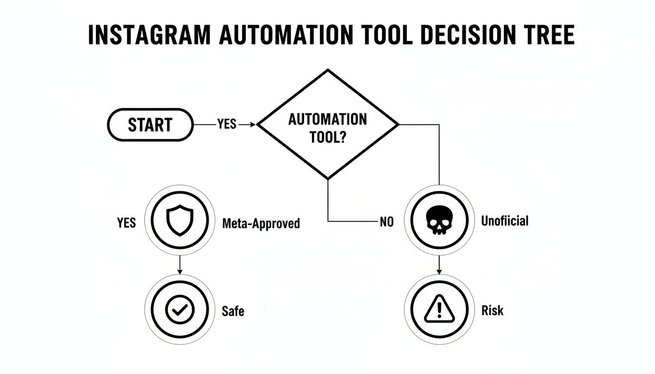 A decision tree flowchart for Instagram automation tools, guiding users to Meta-Approved safe options or unofficial risky ones.
